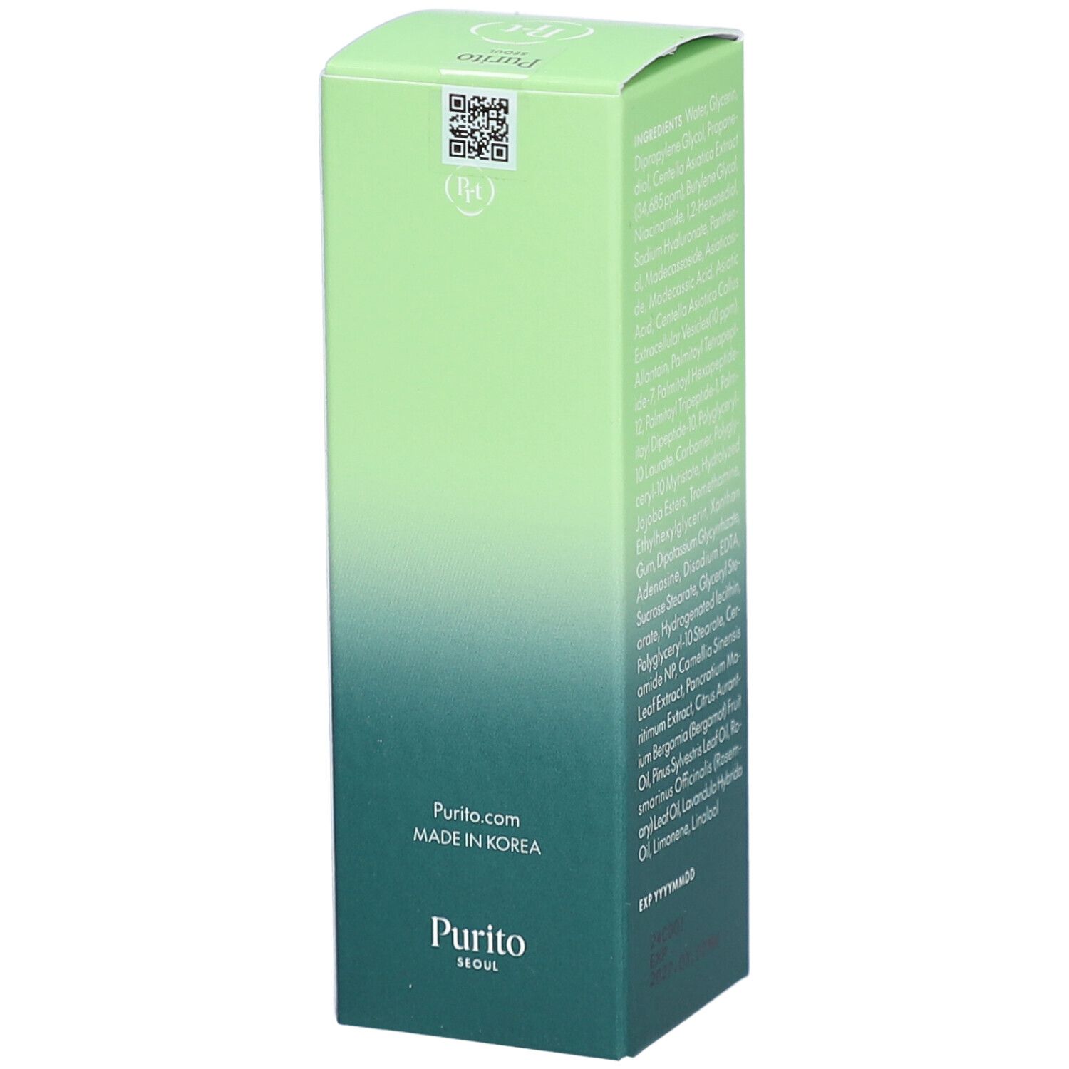 Confezione verde con testo e codice QR. Prodotto in Corea. Testo: Purito. 60 ml. Wonder Releaf Centella Serum.