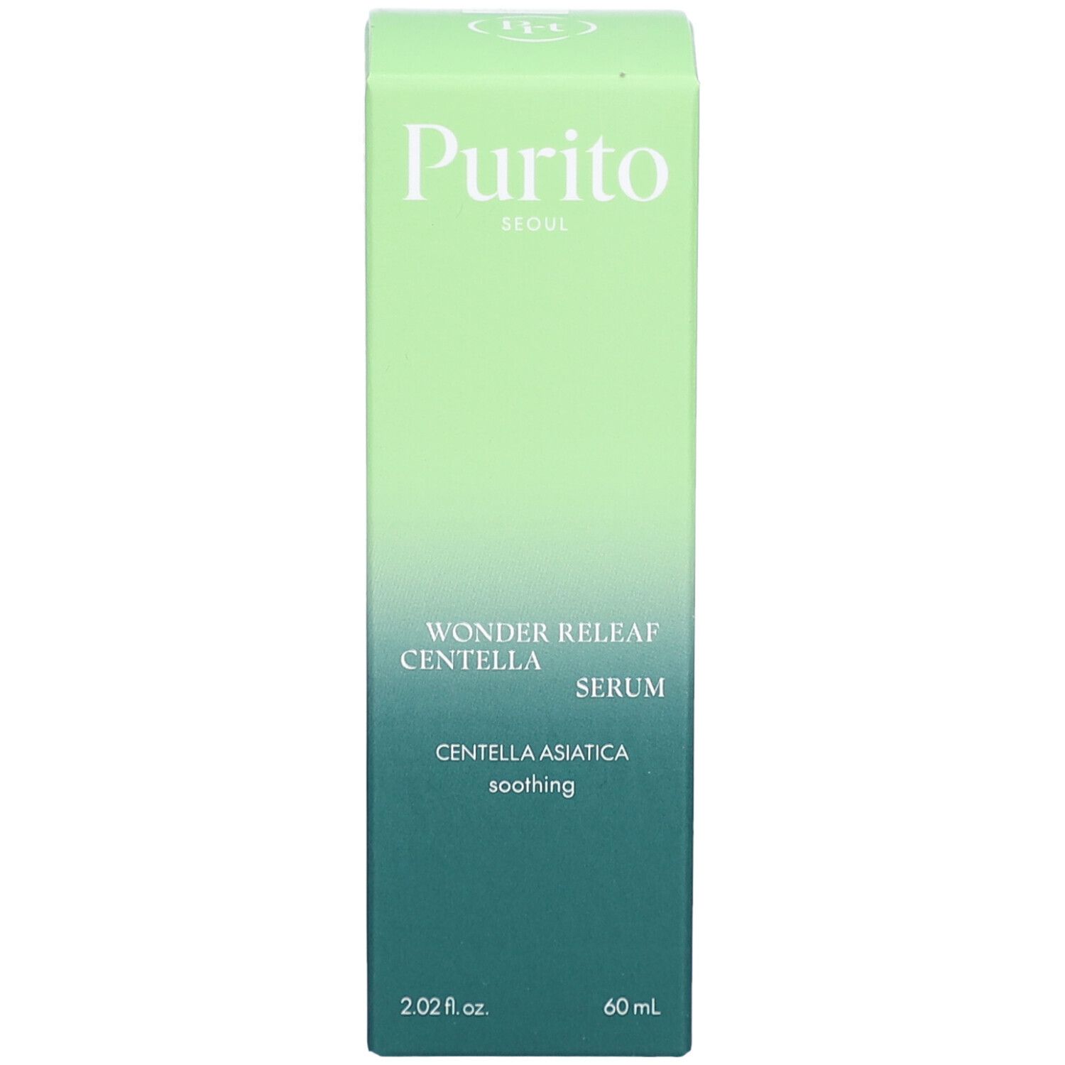 Confezione verde con nome e descrizione del prodotto. 60 ml. Testo: Wonder Releaf Centella Serum.