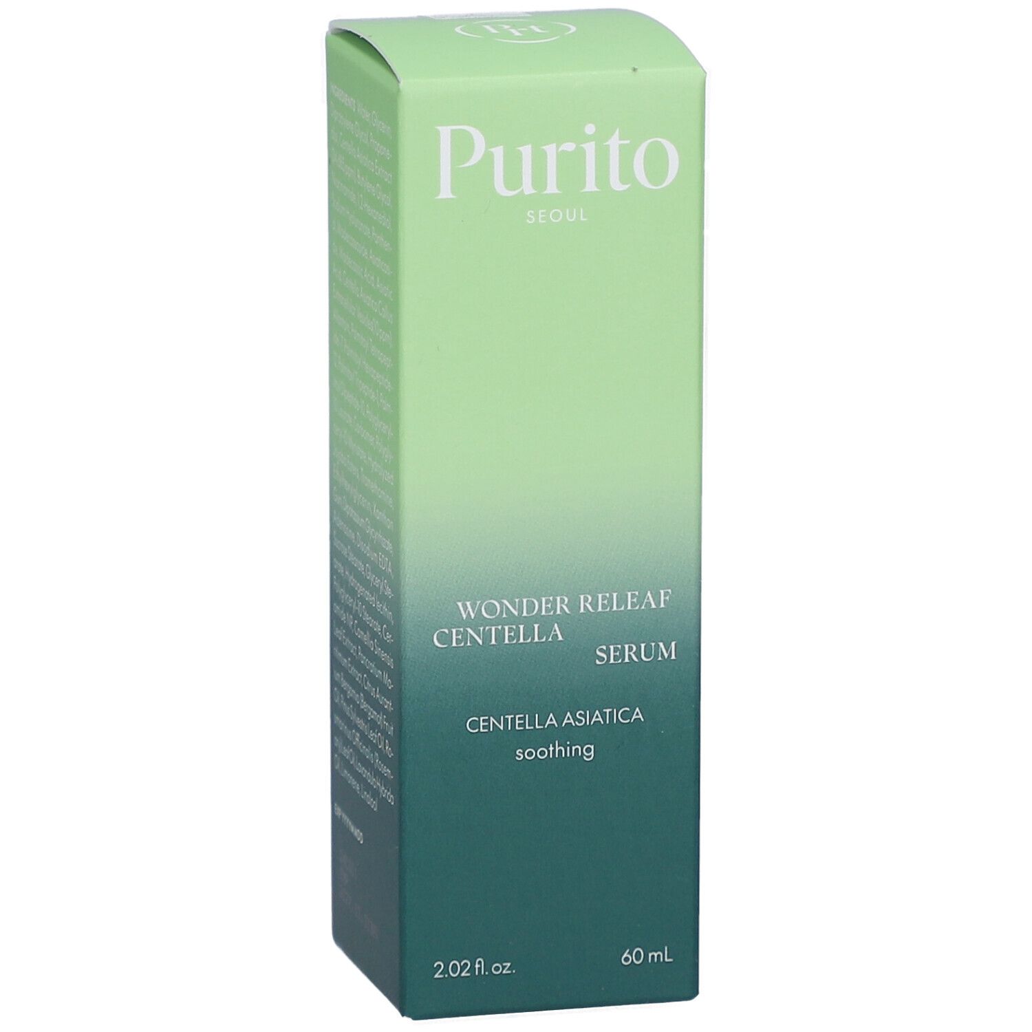 Confezione verde con nome e descrizione del prodotto. 60 ml. Testo: Wonder Releaf Centella Serum.