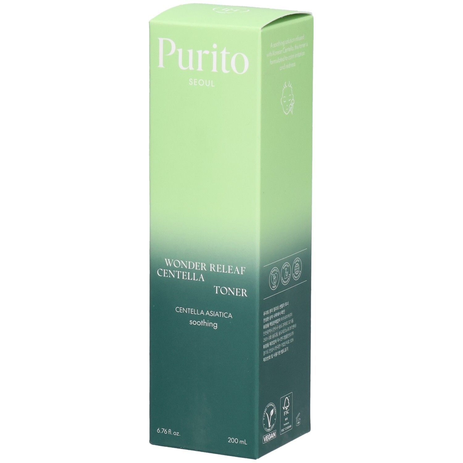 Confezione verde con nome e logo del prodotto. Testo: Wonder Releaf Centella Toner. Sigillo vegano.