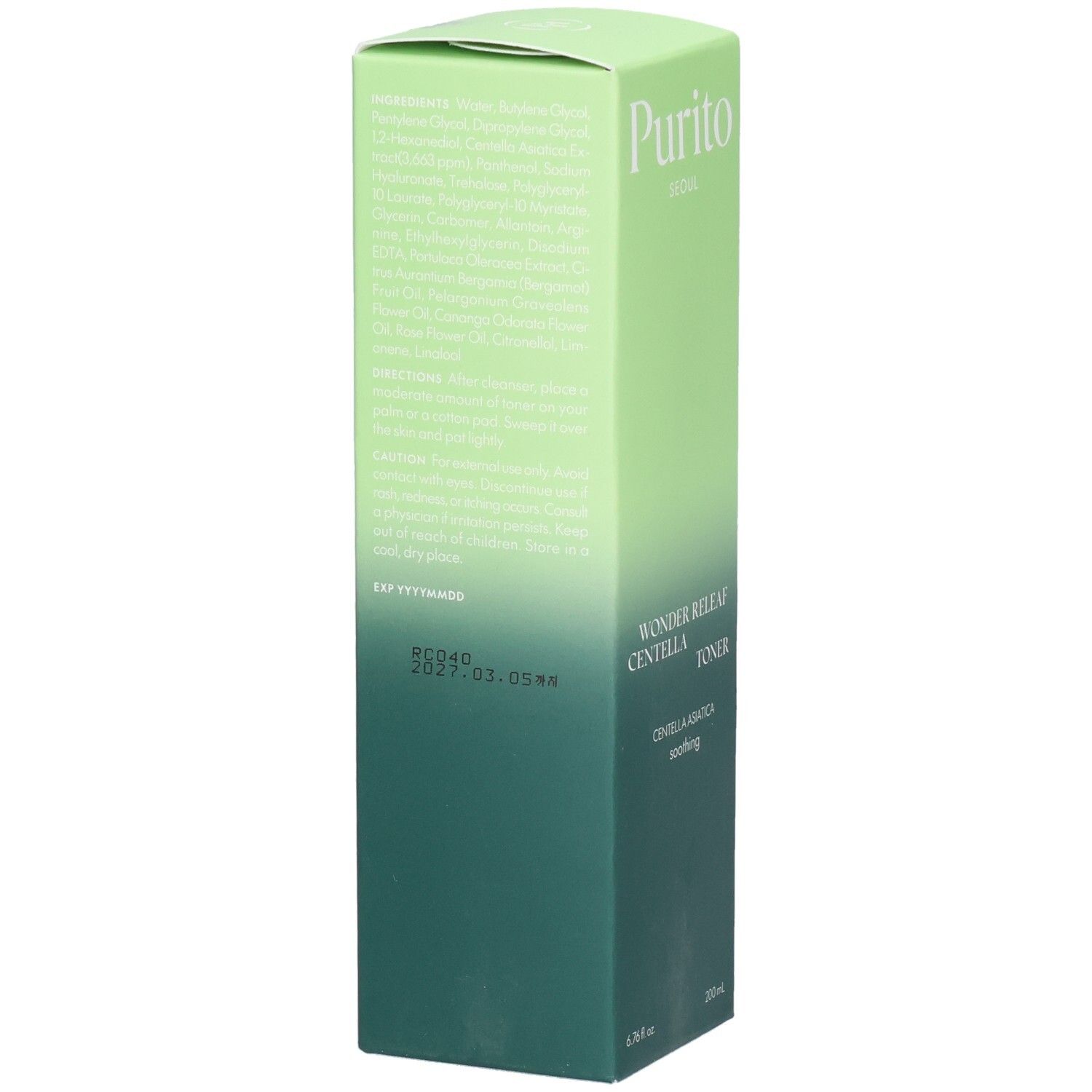 Confezione verde con nome e logo del prodotto. Testo: Wonder Releaf Centella Toner. Sigillo vegano.