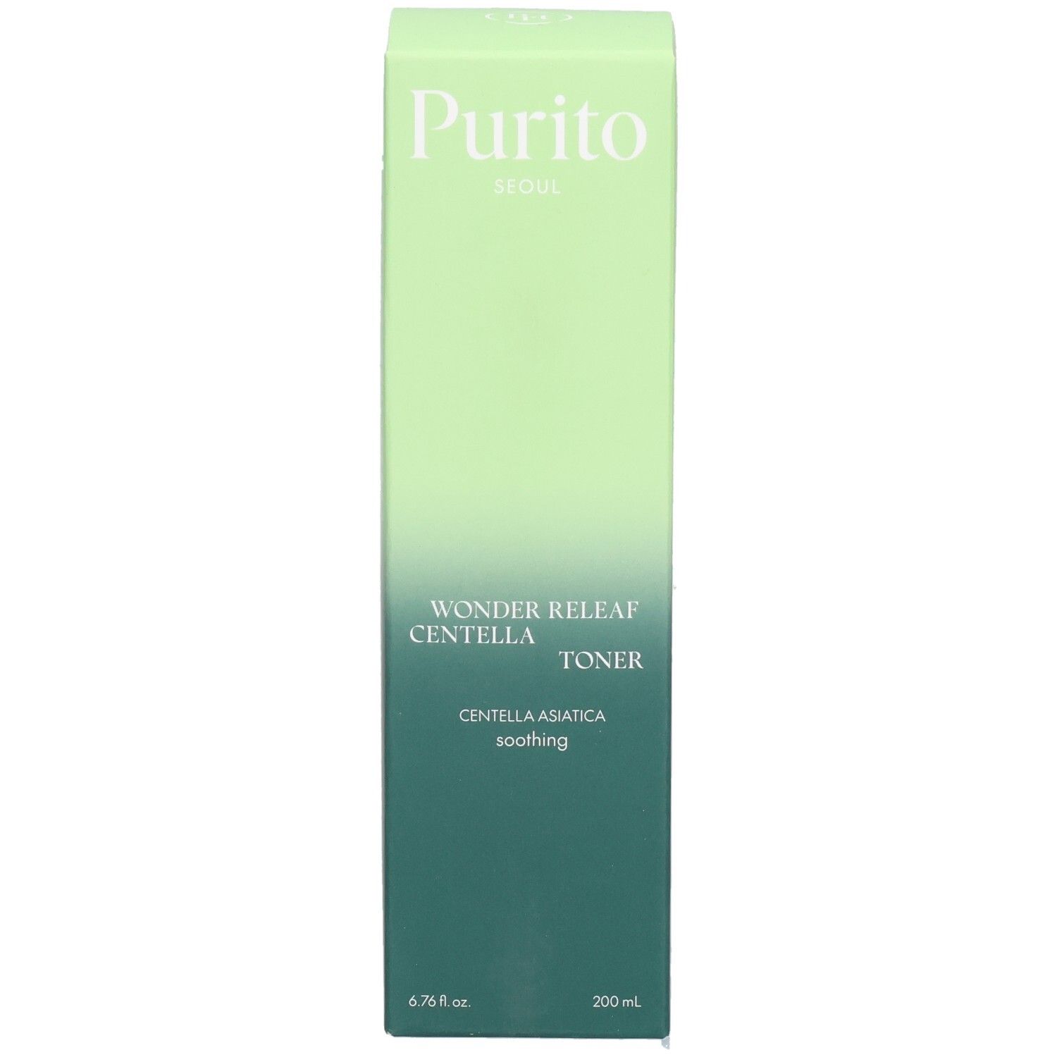 Confezione verde con nome e logo del prodotto. Testo: Wonder Releaf Centella Toner. Sigillo vegano.