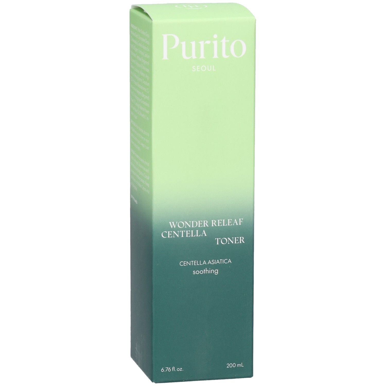 Confezione verde con nome e logo del prodotto. Testo: Wonder Releaf Centella Toner. Sigillo vegano.