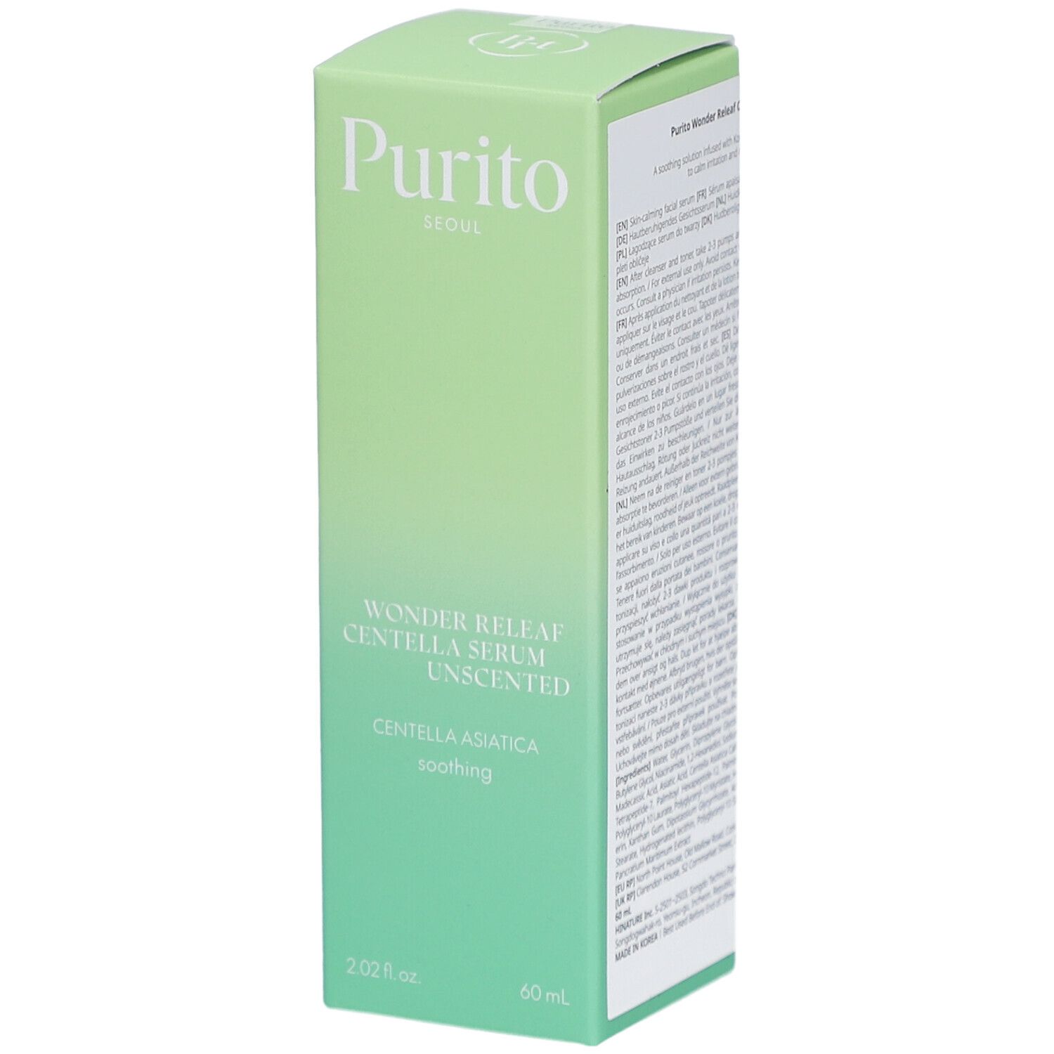 Confezione verde. Scritta: Purito Seoul, Wonder Releaf Centella Serum Unscented, Centella Asiatica, soothing. 60 ml.
