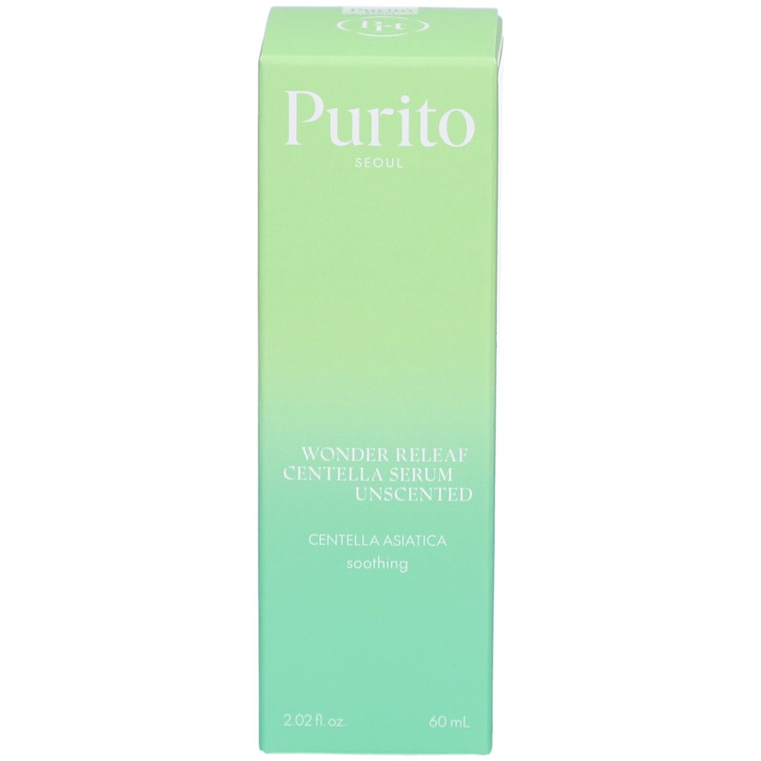 Confezione verde. Scritta: Purito Seoul, Wonder Releaf Centella Serum Unscented, Centella Asiatica, soothing. 60 ml.