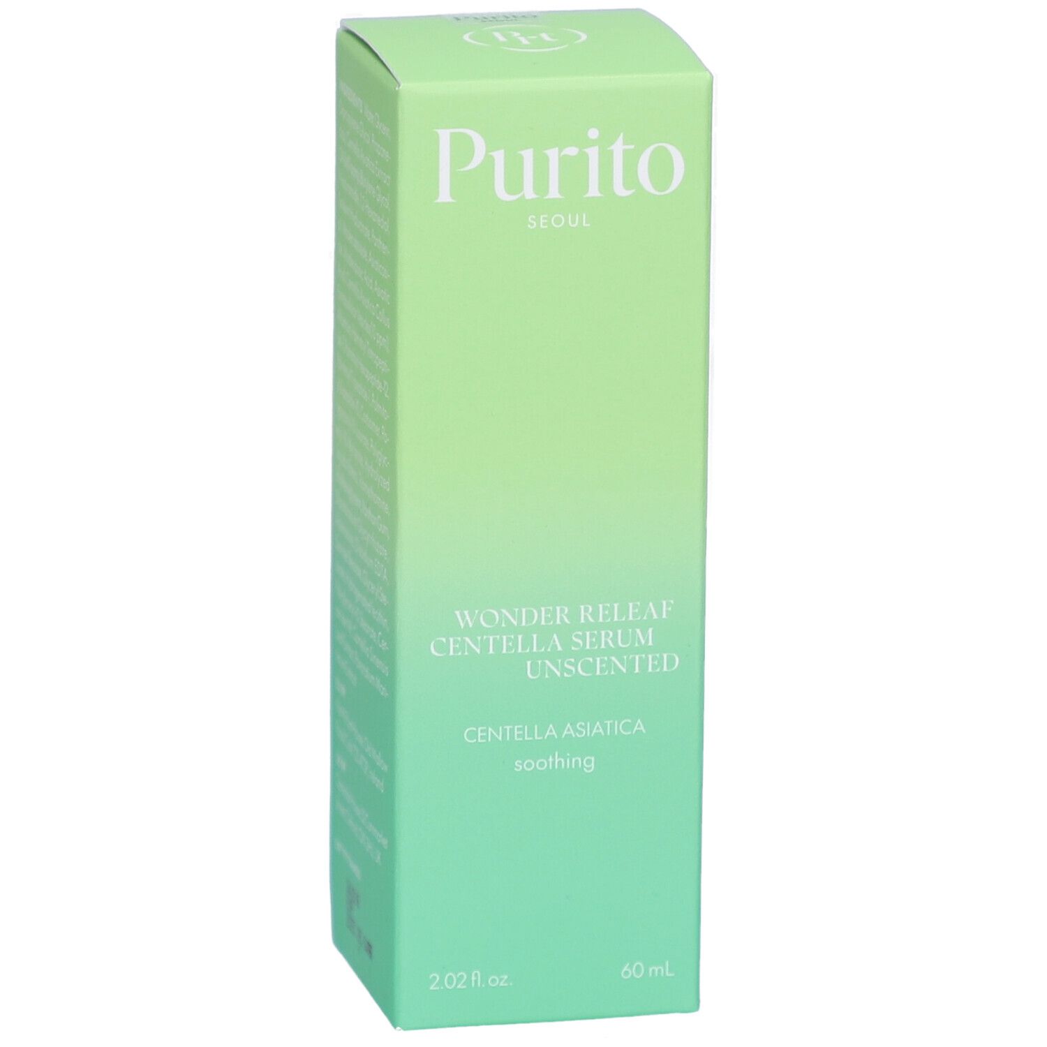 Confezione verde. Scritta: Purito Seoul, Wonder Releaf Centella Serum Unscented, Centella Asiatica, soothing. 60 ml.