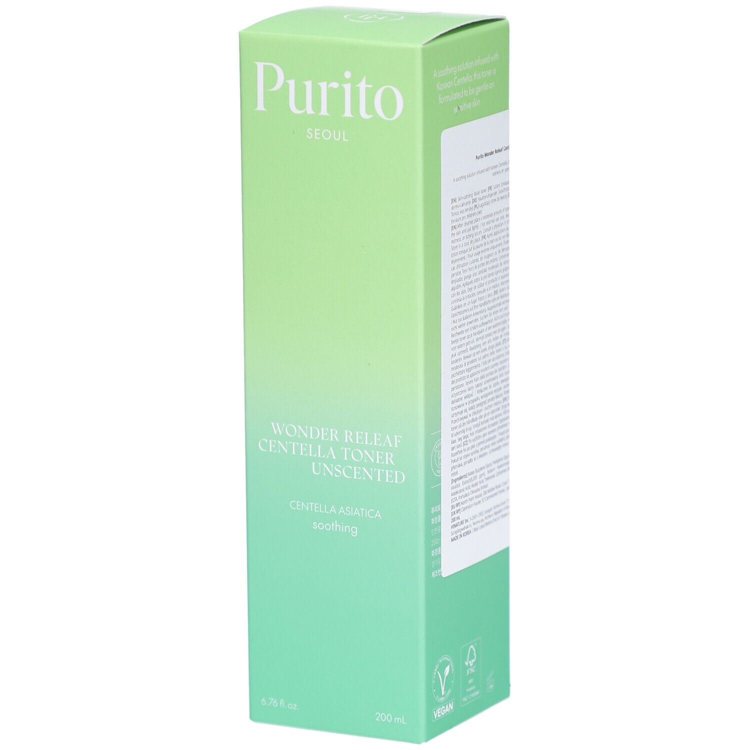 Confezione rettangolare verde. Scritta: Purito, Wonder Releaf Centella Toner Unscented, Centella Asiatica, soothing. Sigillo vegano.
