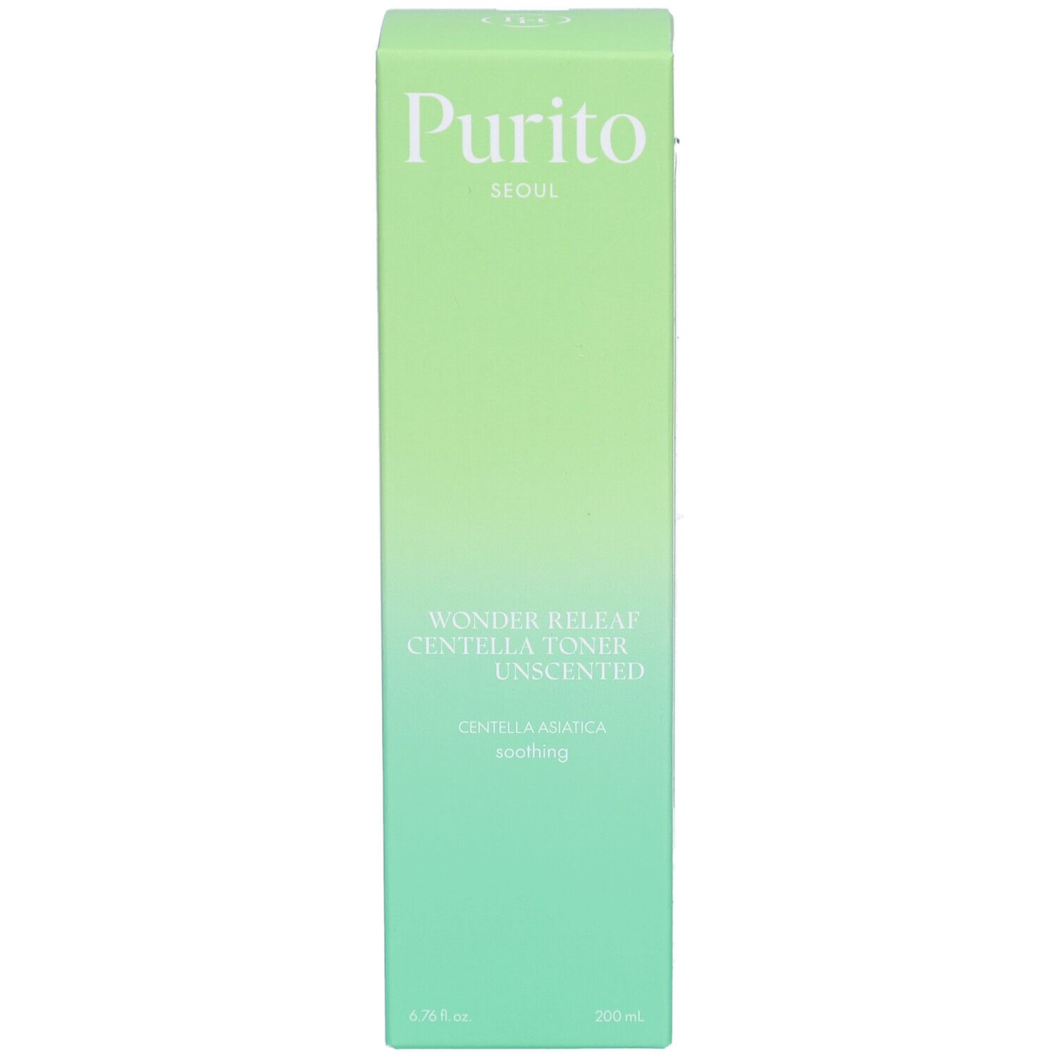 Confezione rettangolare verde. Scritta: Purito, Wonder Releaf Centella Toner Unscented, Centella Asiatica, soothing. 200 ml.