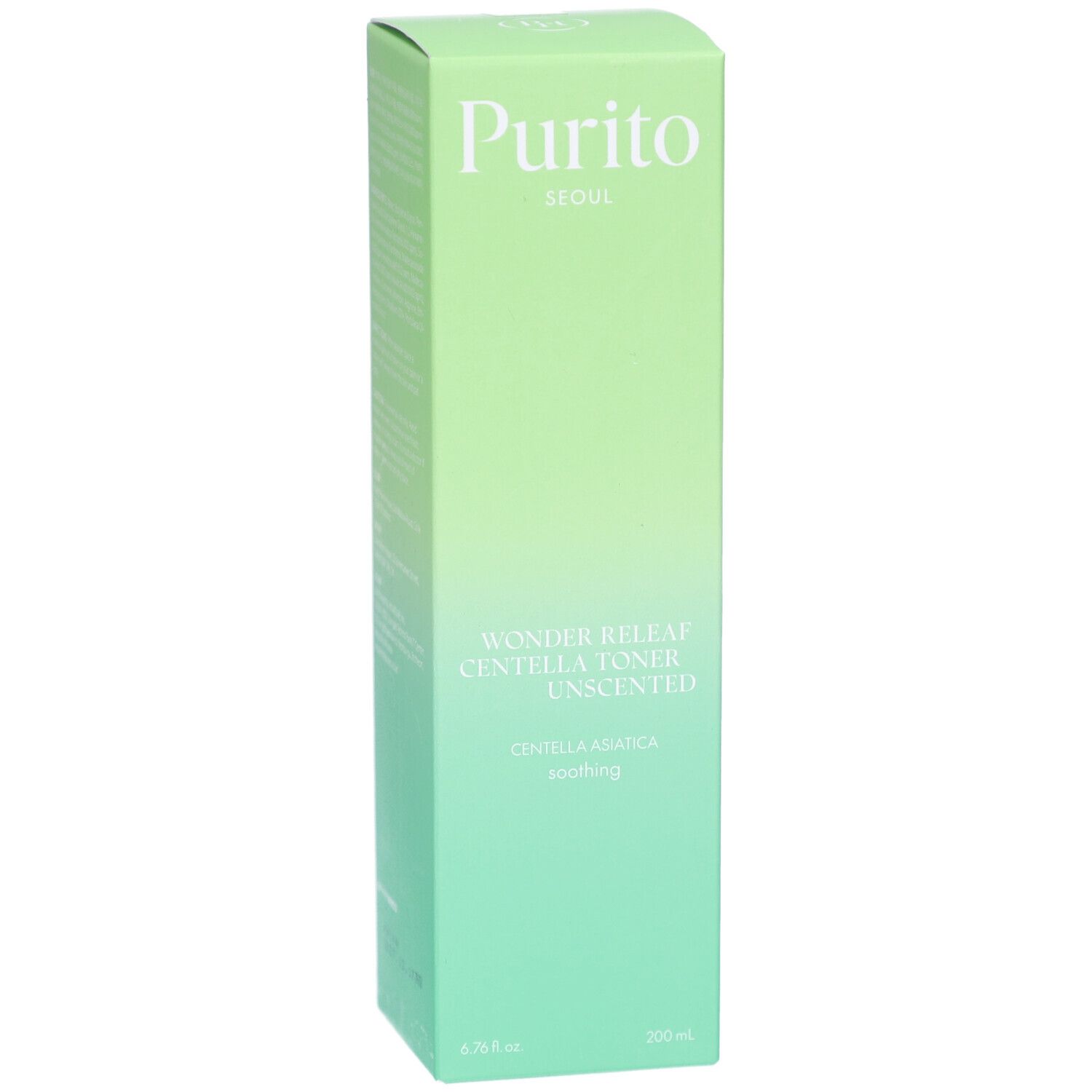 Confezione rettangolare verde. Scritta: Purito, Wonder Releaf Centella Toner Unscented, Centella Asiatica, soothing. 200 ml.