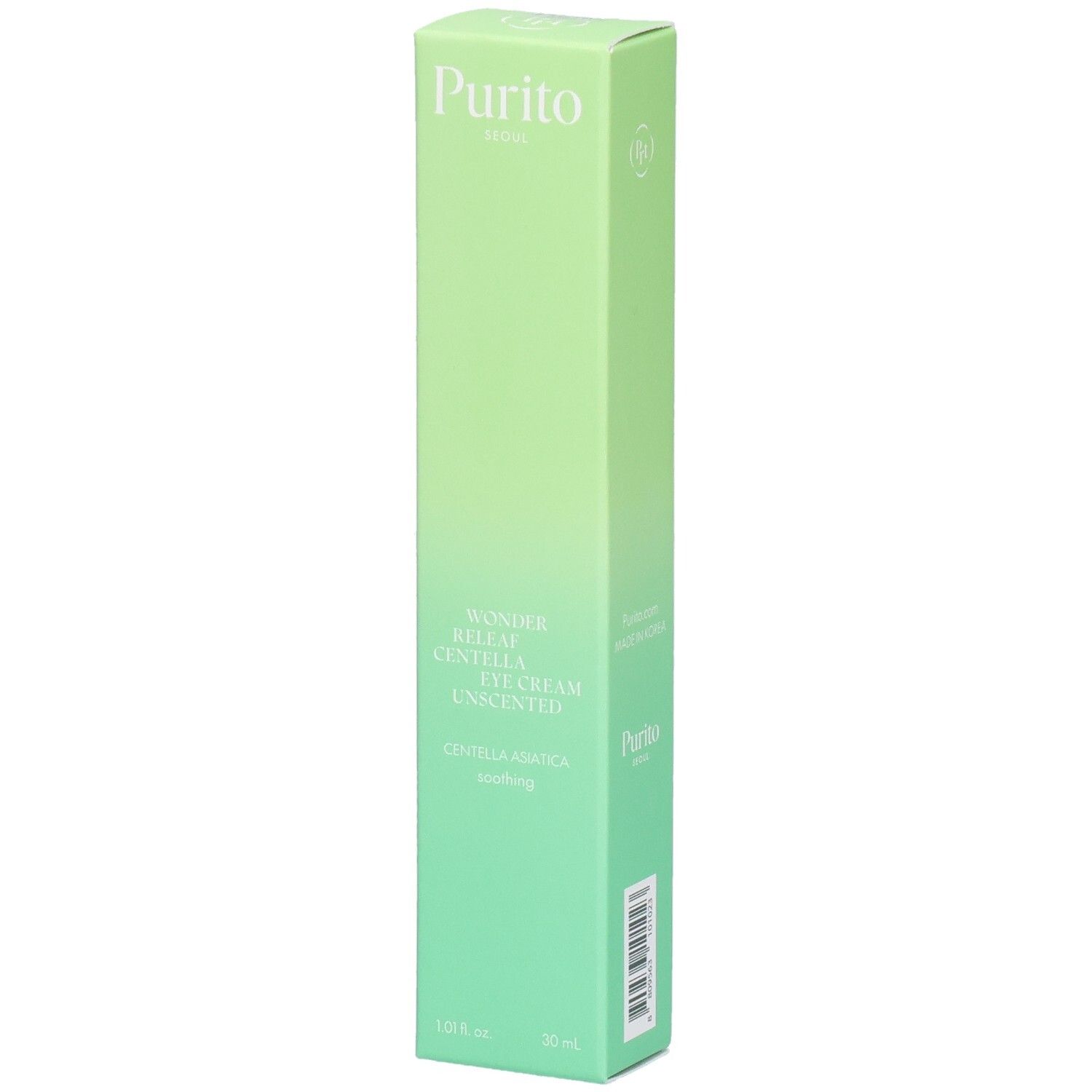 Confezione verde allungata. In alto "Purito". Nome prodotto: Wonder Releaf Centella Eye Cream Unscented. In basso: 30 ml.