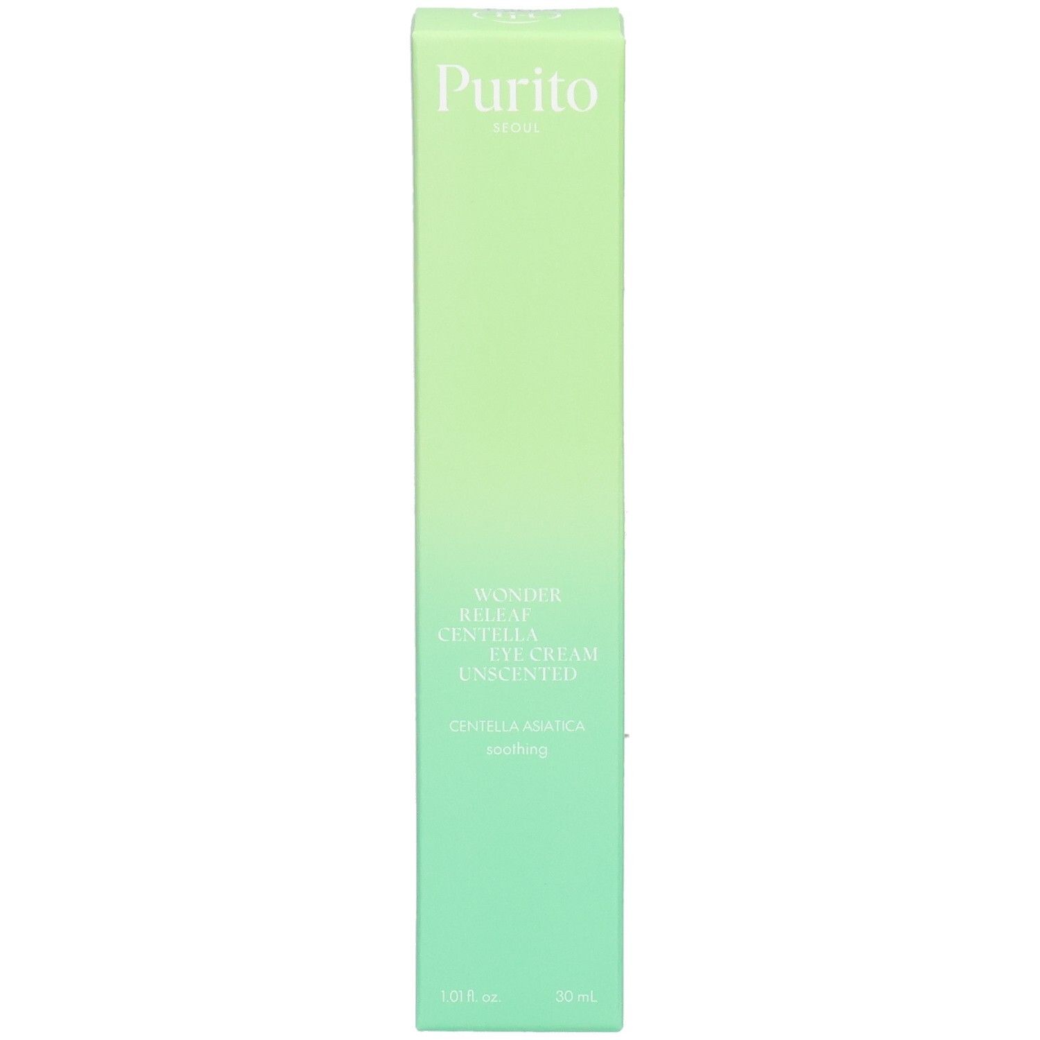 Confezione verde allungata. In alto: "Purito". Nome prodotto: Wonder Releaf Centella Eye Cream Unscented. In basso: 30 ml.