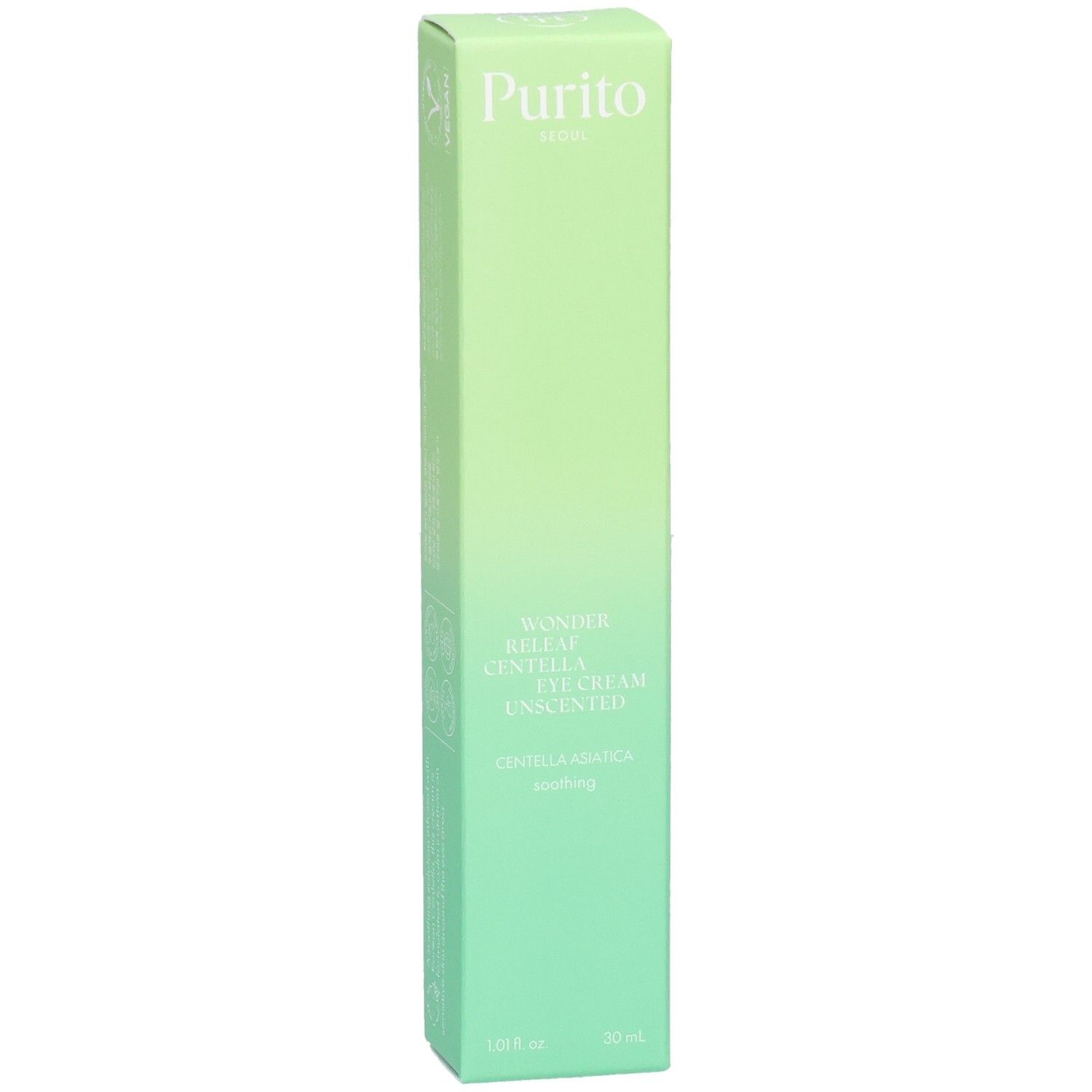 Confezione verde allungata. In alto: "Purito". Nome prodotto: Wonder Releaf Centella Eye Cream Unscented. In basso: 30 ml.