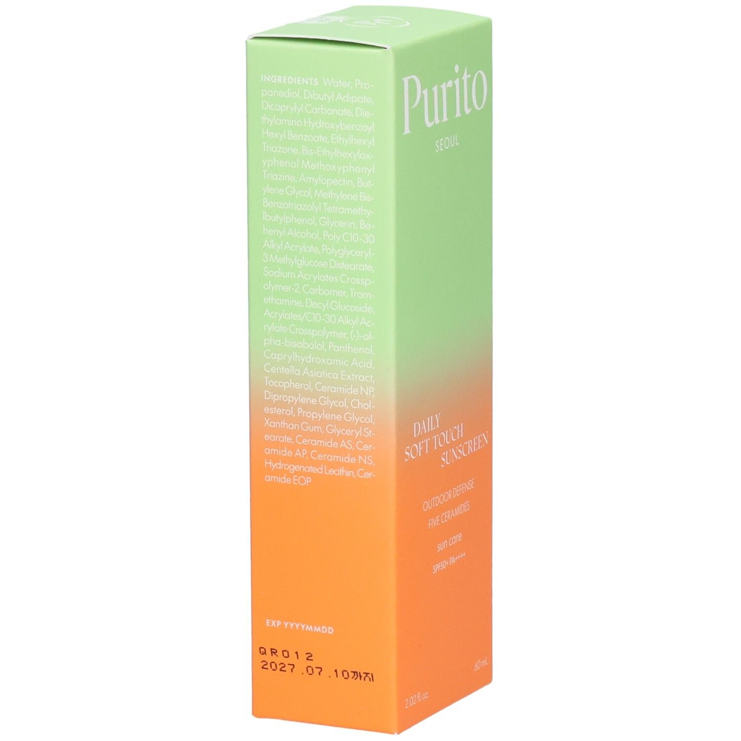 Retro della confezione del prodotto. Testo: ingredienti, codice QR, data di scadenza. Colori: verde, arancione.