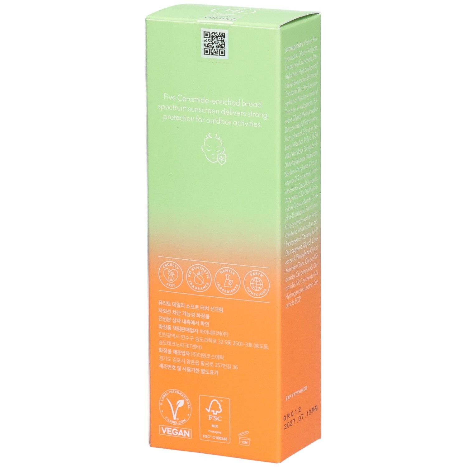 Lato della confezione del prodotto. Testo: ingredienti, certificazioni. Colori: verde, arancione.