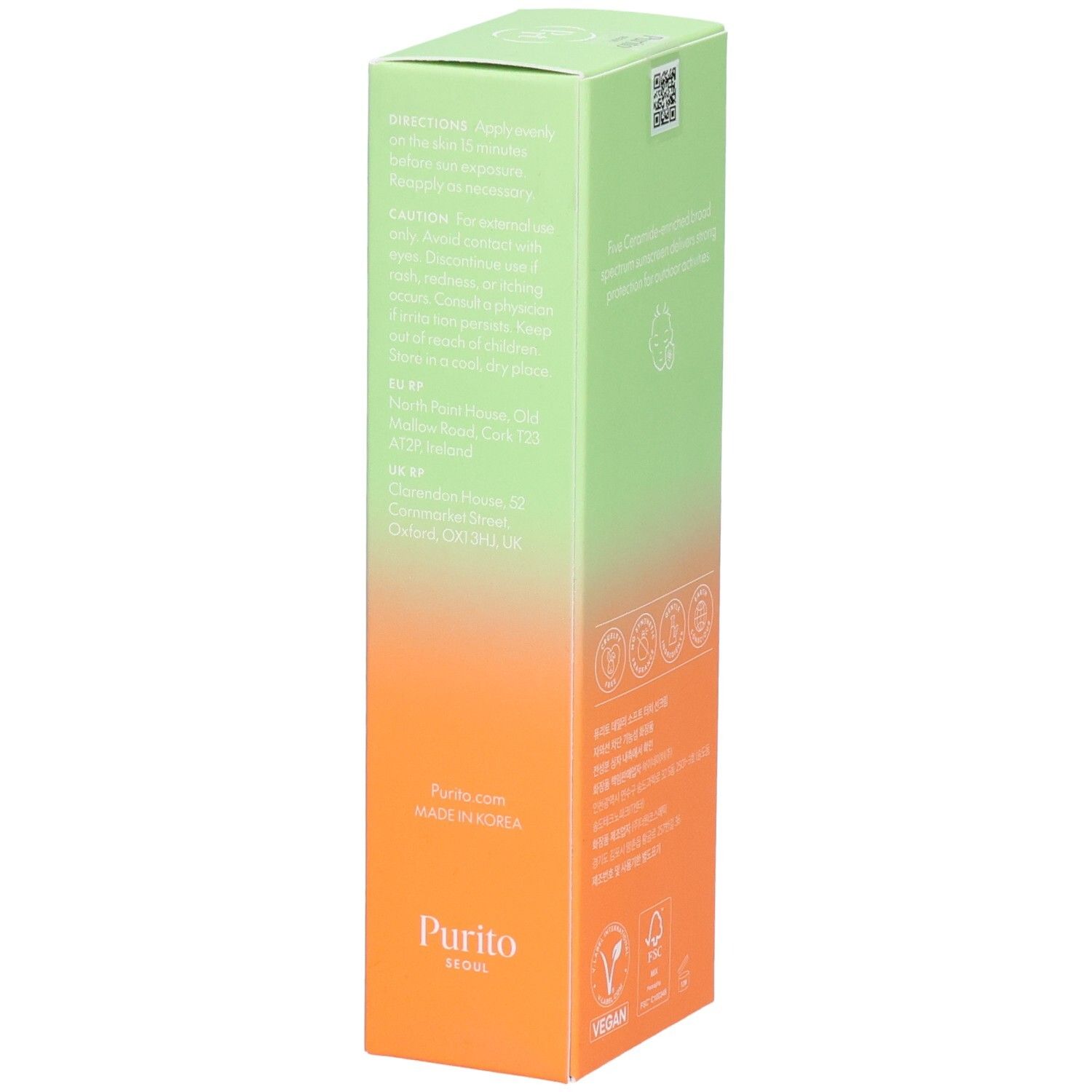 Lato della confezione del prodotto. Testo: avvertenze, indirizzo del produttore, certificazioni. Colori: verde, arancione.