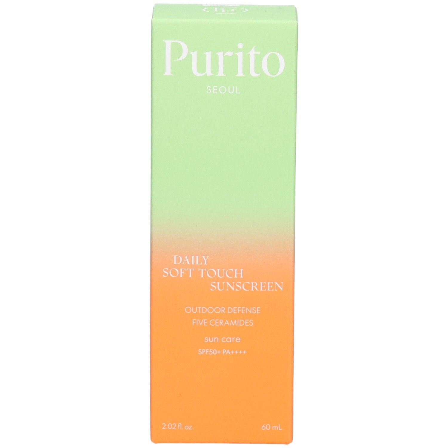 Scatola verde e arancione con informazioni sul prodotto. Testo: Purito, Daily Soft Touch Sunscreen, SPF 50+ PA++++.