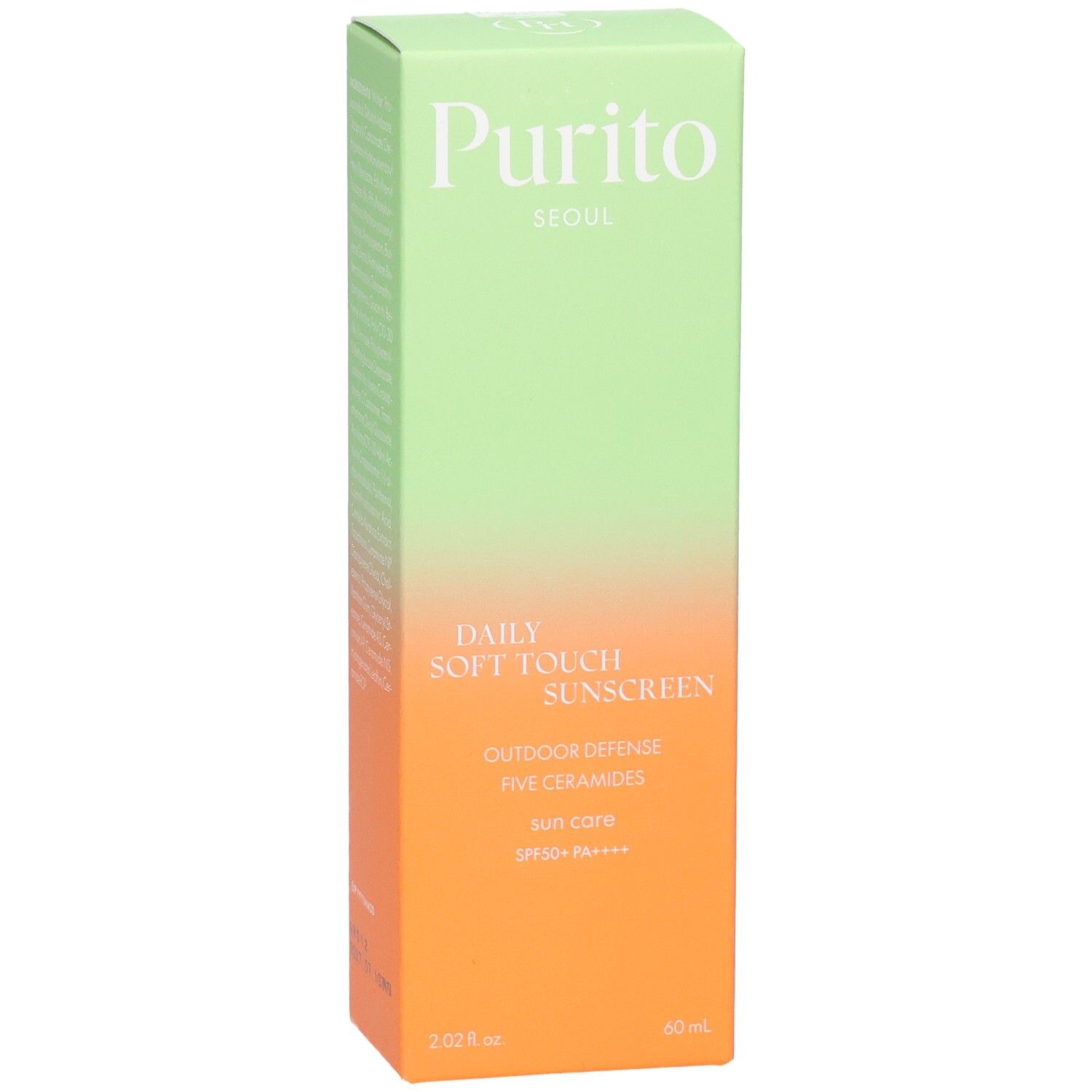 Scatola verde e arancione con informazioni sul prodotto. Testo: Purito, Daily Soft Touch Sunscreen, SPF 50+ PA++++.