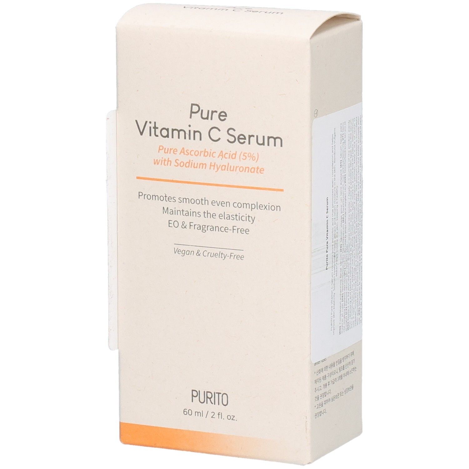 Confezione in cartone beige con informazioni sul prodotto. Scritta: Pure Vitamin C Serum. Vegan & Cruelty-Free. Logo PURITO.