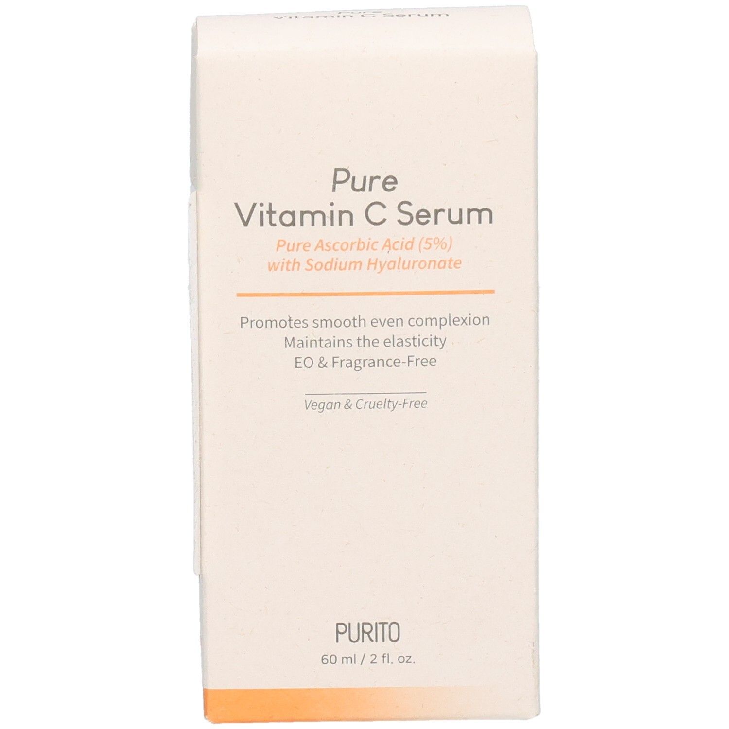 Confezione in cartone con informazioni sul prodotto. Scritta: Pure Vitamin C Serum. Vegan & Cruelty-Free. Logo PURITO. 60 ml / 2 fl. oz.