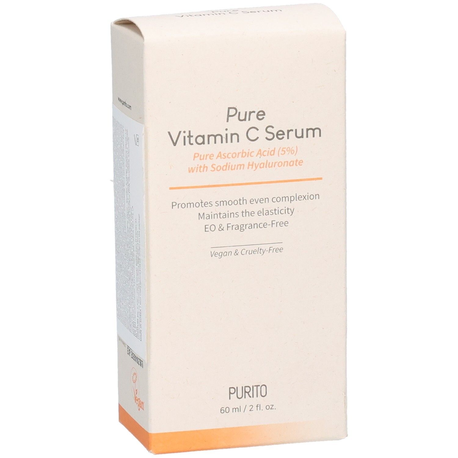 Confezione in cartone con informazioni sul prodotto. Scritta: Pure Vitamin C Serum. Vegan & Cruelty-Free. Logo PURITO. 60 ml / 2 fl. oz.