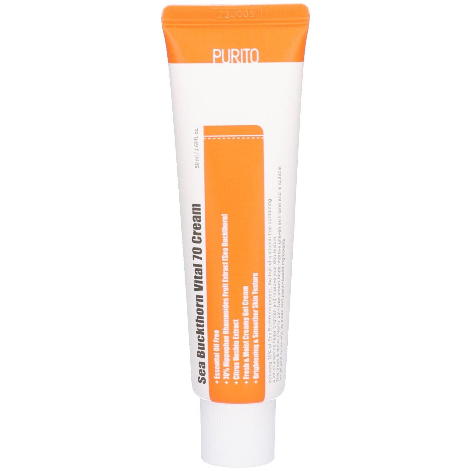 Tubo di crema con tappo arancione. Testo: Sea Buckthorn Vital 70 Cream. Marchio: Purito. Tubo bianco con etichetta arancione.