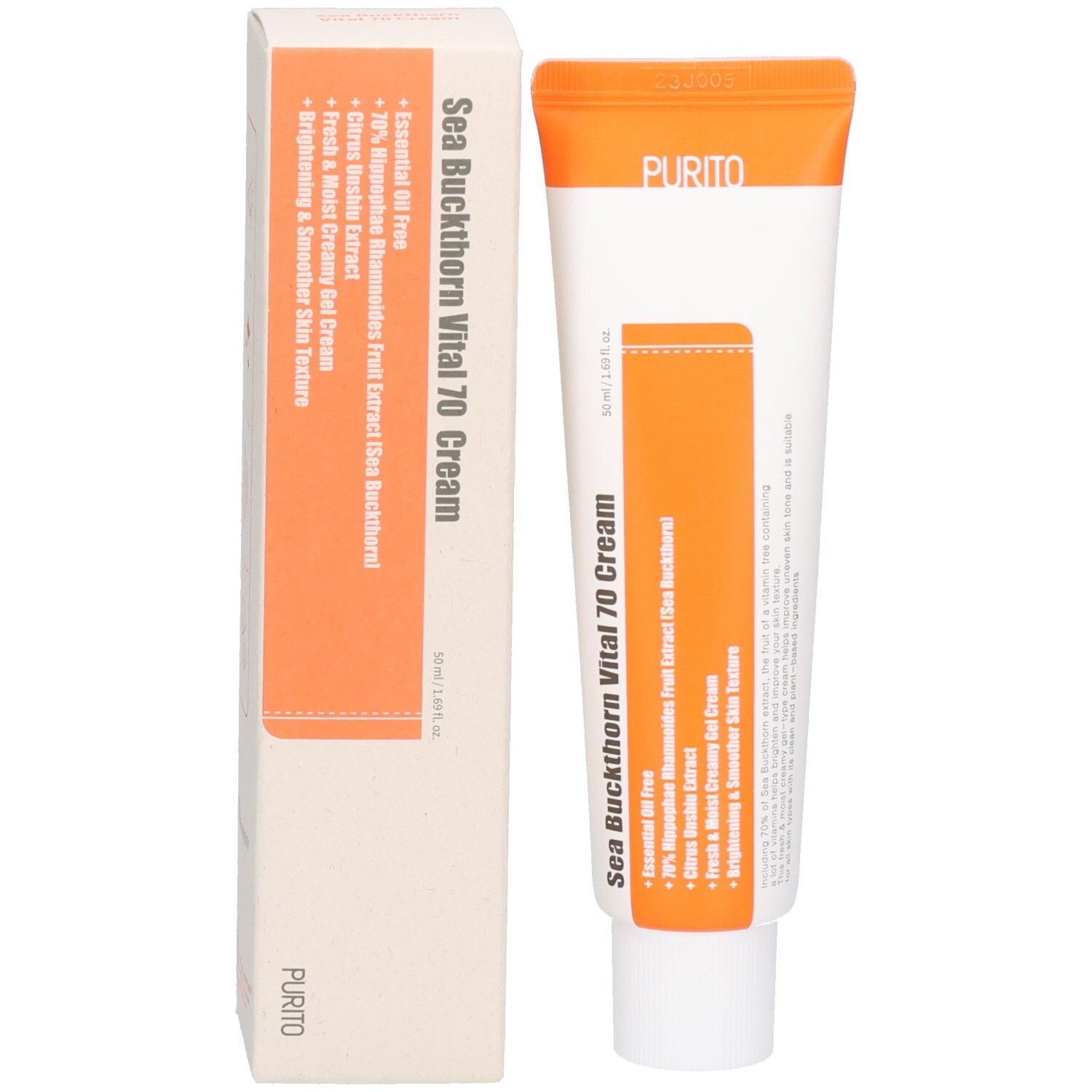 Tubo di crema e scatola. Testo: Sea Buckthorn Vital 70 Cream. Marchio: Purito. Tubo e scatola bianchi con accenti arancioni.