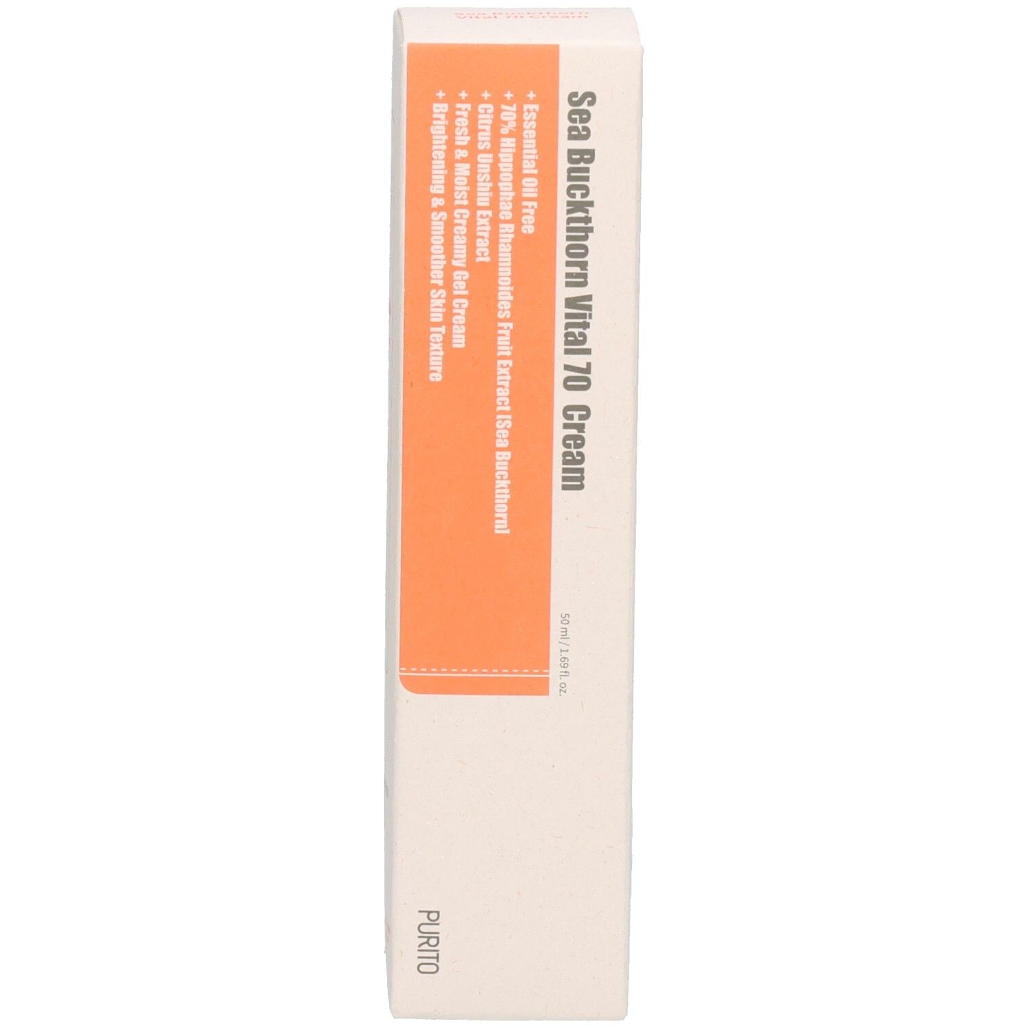 Scatola con testo: Sea Buckthorn Vital 70 Cream. Marchio: Purito. Scatola bianca con etichetta arancione e testo.