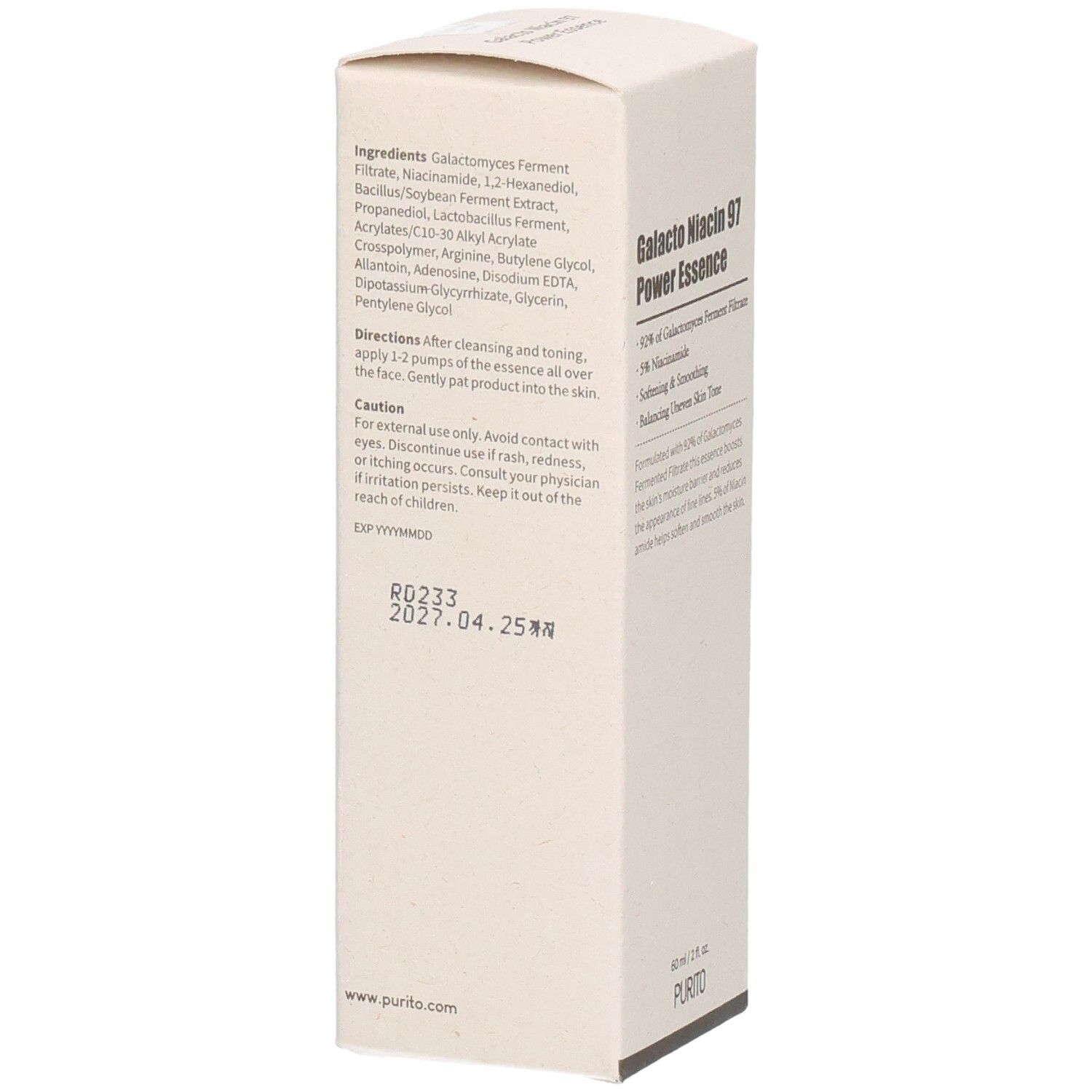 Confezione beige. Testo: Ingredienti, istruzioni per l'uso, precauzioni. Logo PURITO. Stampa: 2027.04.25.