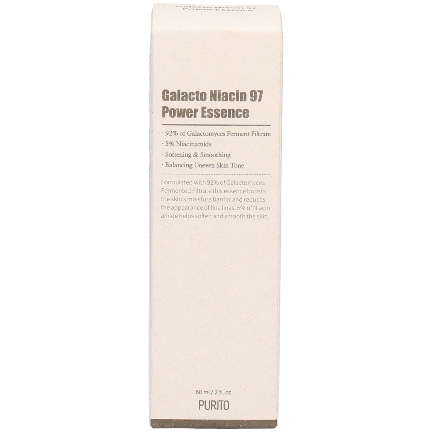 Confezione beige. Testo: Galacto Niacin 97 Power Essence. Ingredienti, 92% Galactomyces Ferment Filtrate, 5% Niacinamide. Logo PURITO.