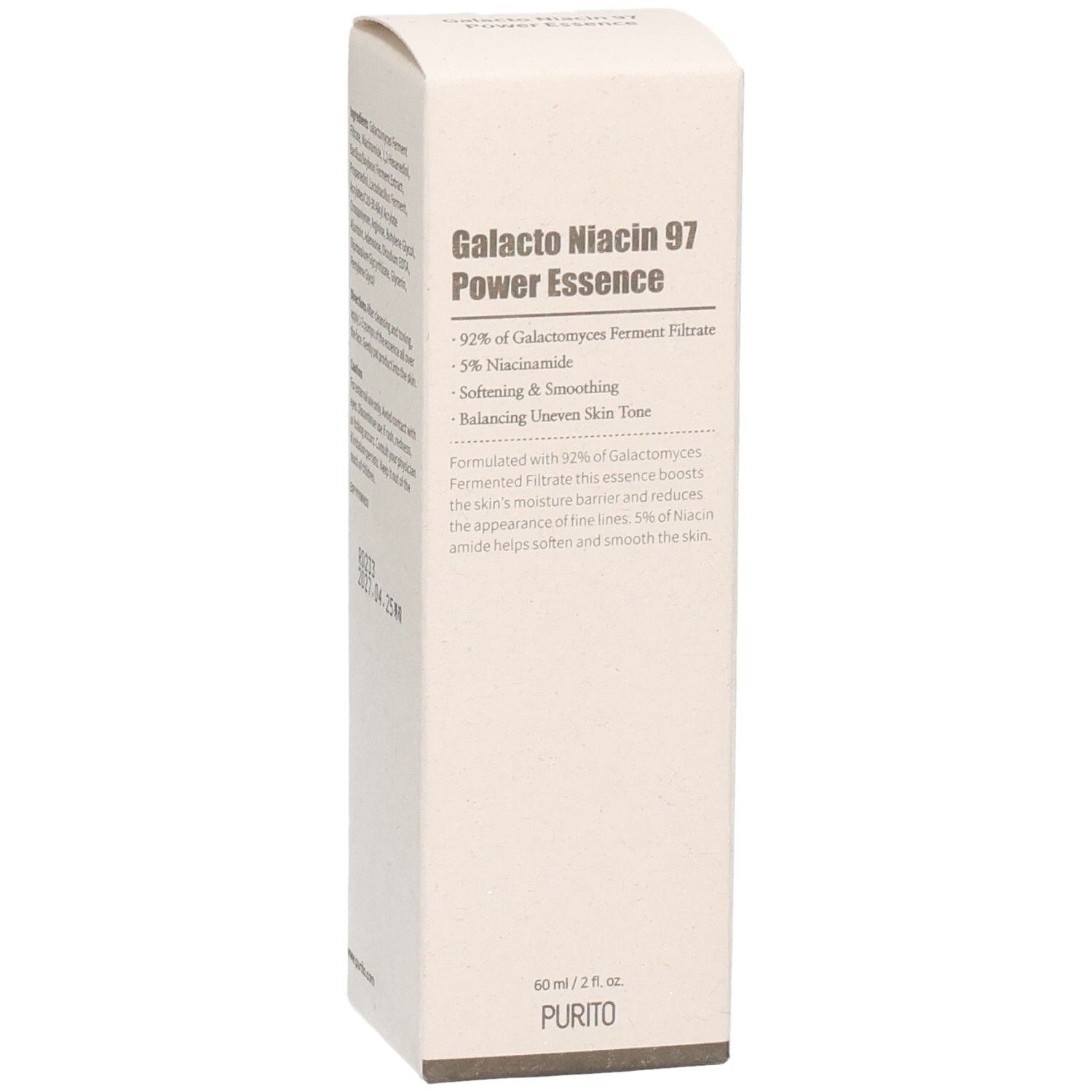 Confezione beige. Testo: Galacto Niacin 97 Power Essence. Ingredienti, 92% Galactomyces Ferment Filtrate, 5% Niacinamide. Logo PURITO.