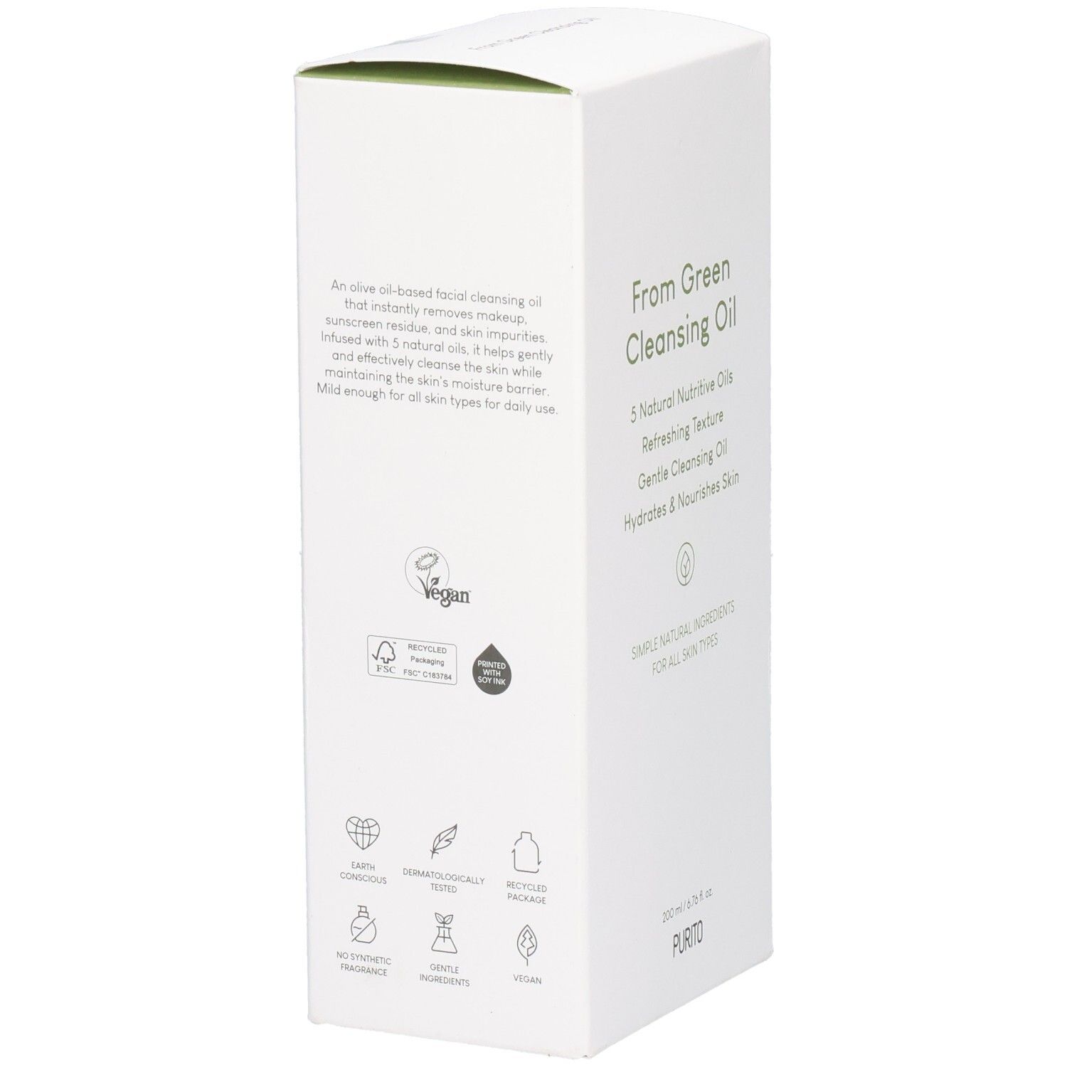 Confezione bianca con testo verde e loghi. From Green Cleansing Oil, Vegan, Dermatologicamente testato. In basso: PURITO.