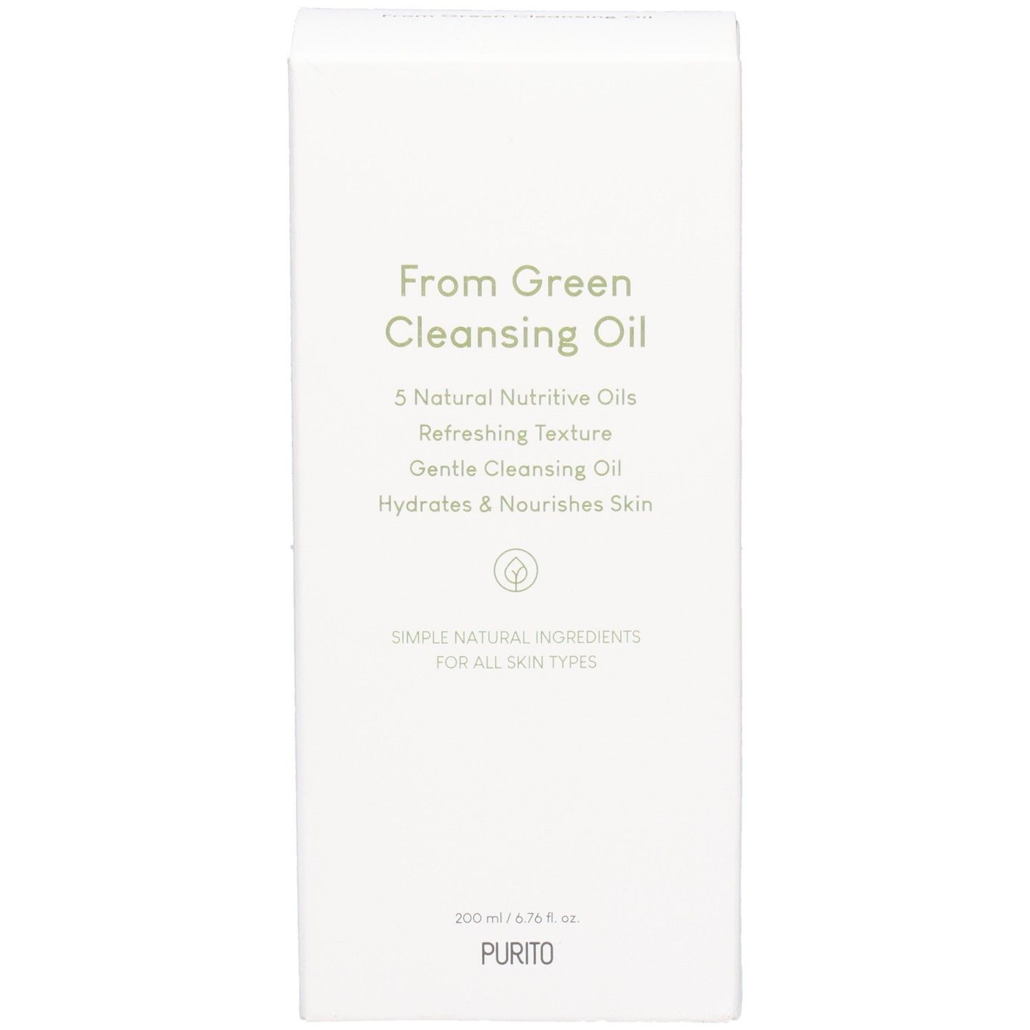 Confezione bianca con testo verde. From Green Cleansing Oil, 5 Natural Nutritive Oils, Hydrates & Nourishes Skin. In basso: PURITO.