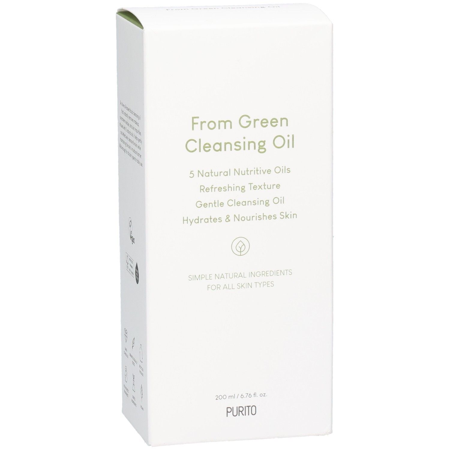 Confezione bianca con testo verde. From Green Cleansing Oil, 5 Natural Nutritive Oils, Hydrates & Nourishes Skin. In basso: PURITO.