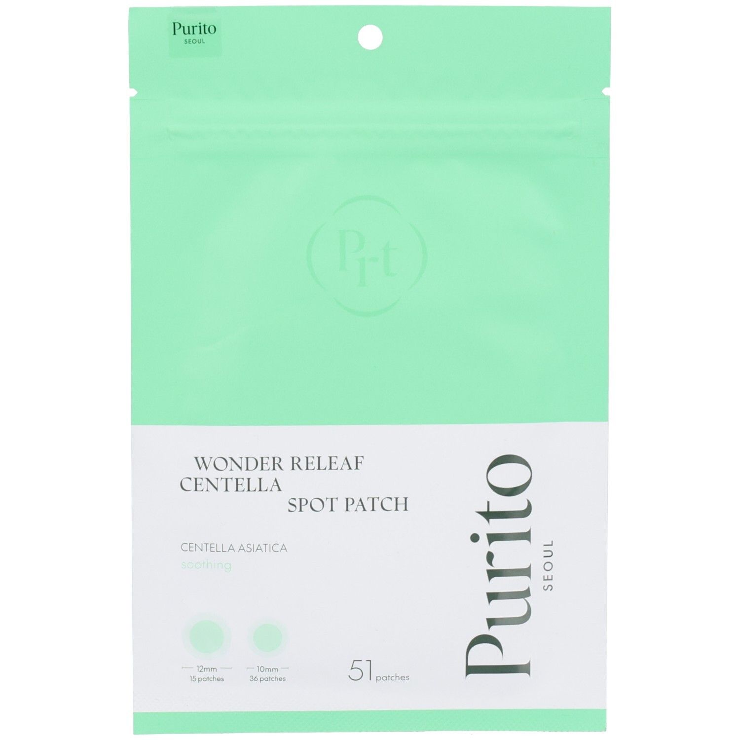 Confezione verde con nome e logo del prodotto. Contiene 51 cerotti. Testo: Wonder Releaf Centella Spot Patch, Centella Asiatica, Purito Seoul.