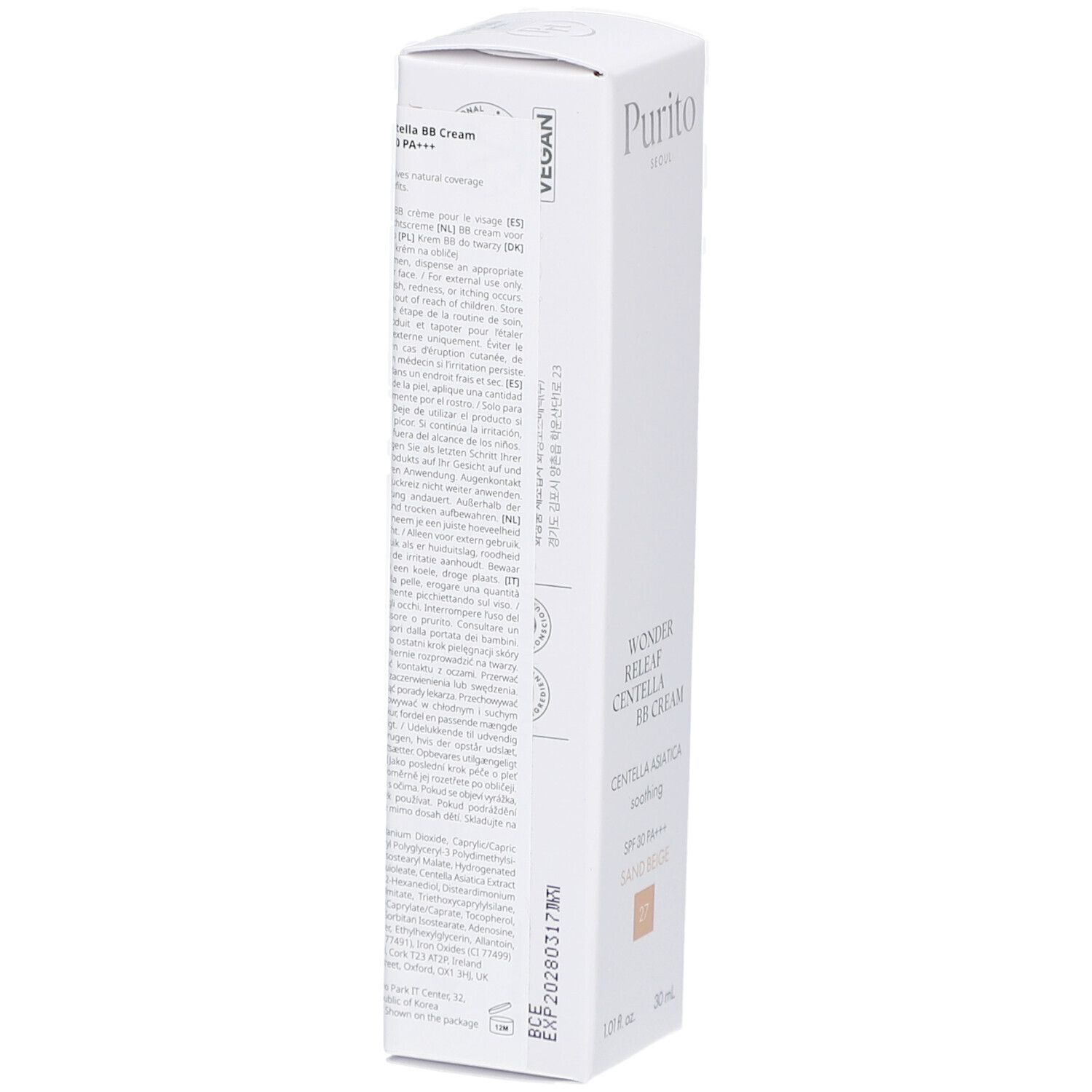 Confezione bianca con informazioni sul prodotto. Contiene BB Cream, logo Vegan. Marchio Purito. Testo sul retro.