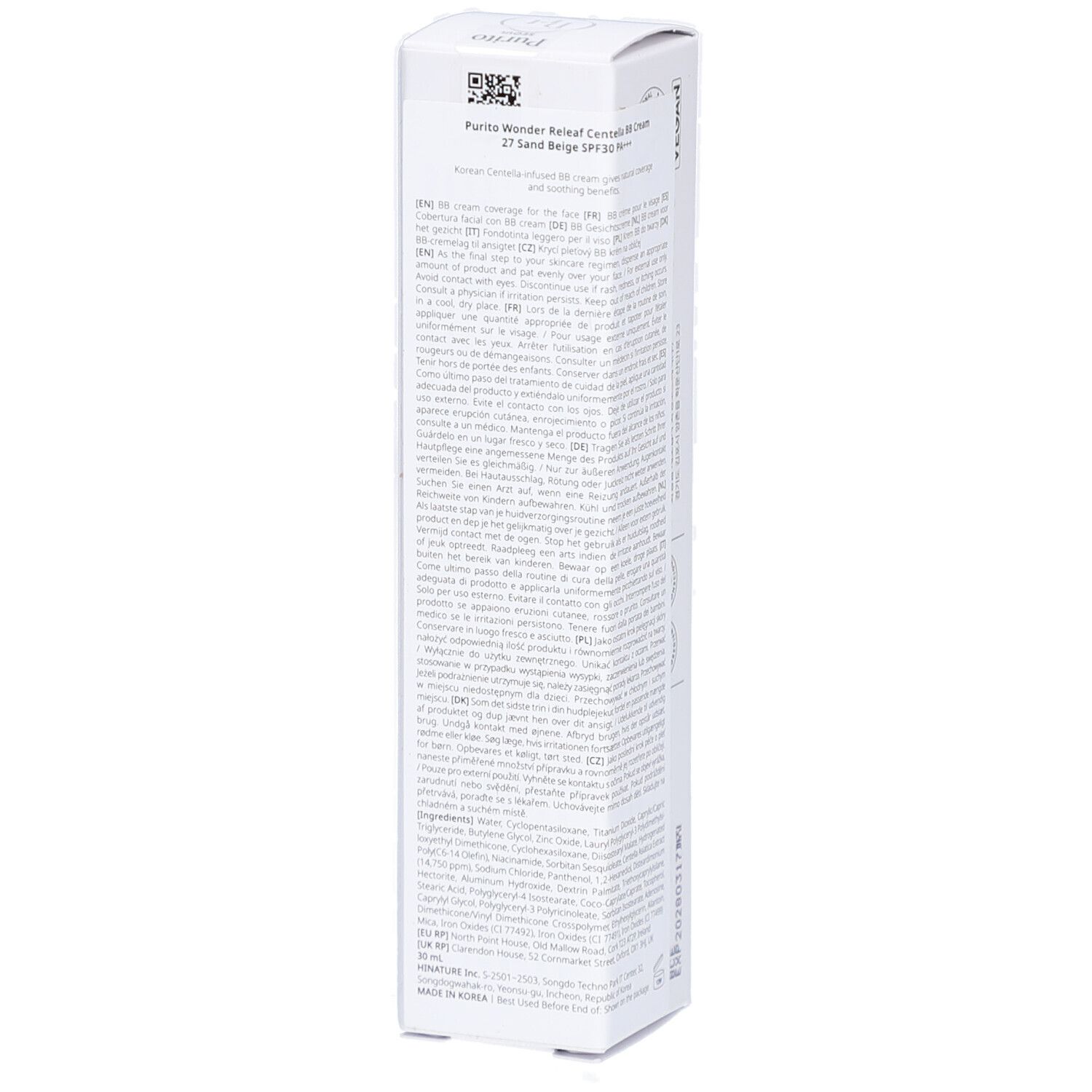 Confezione bianca con informazioni sul prodotto. Contiene BB Cream. Marchio Purito. Testo e codice a barre sul retro.