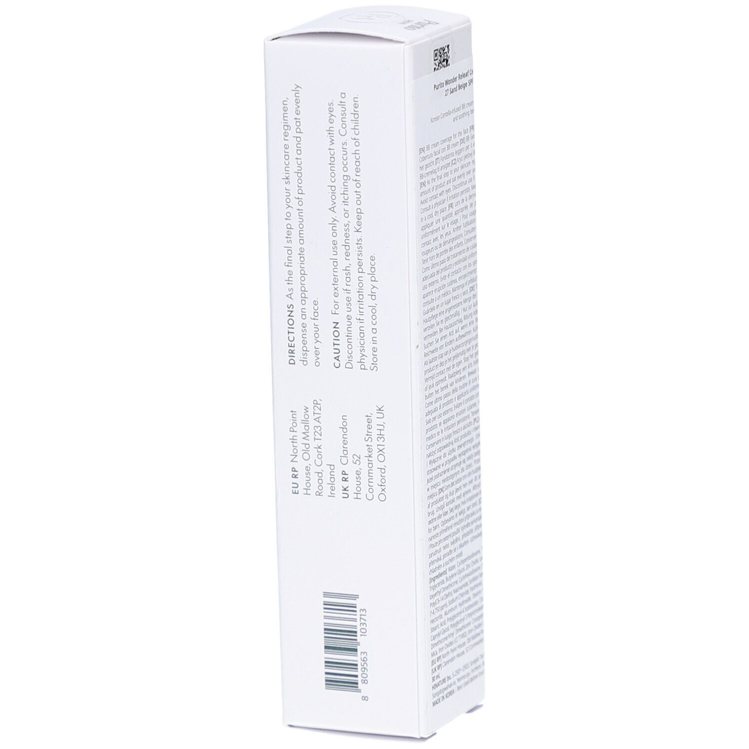 Confezione bianca con informazioni sul prodotto. Contiene BB Cream. Marchio Purito. Testo e indirizzo sul retro.