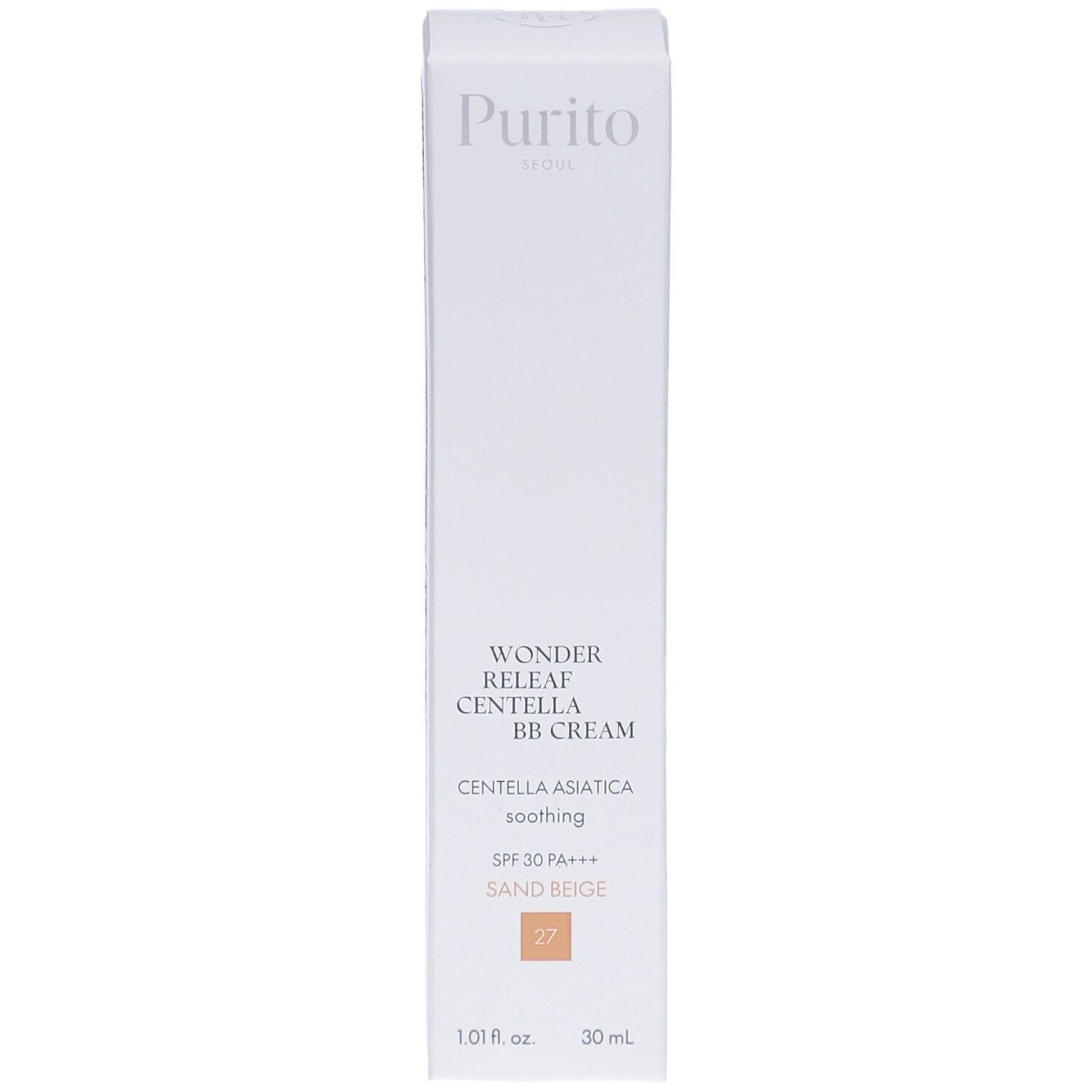 Confezione bianca con nome e dettagli del prodotto. Contiene BB Cream, tonalità Sand Beige 27, 30 ml. Marchio Purito.