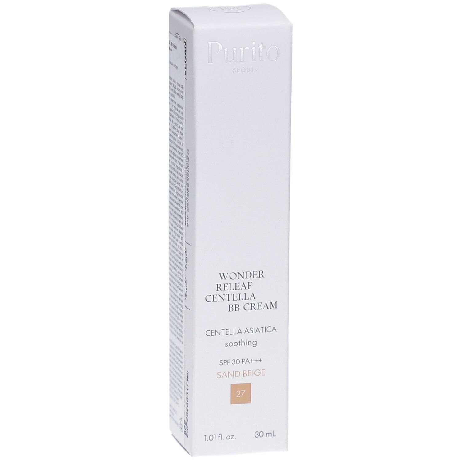 Confezione bianca con nome e dettagli del prodotto. Contiene BB Cream, tonalità Sand Beige 27, 30 ml. Marchio Purito.