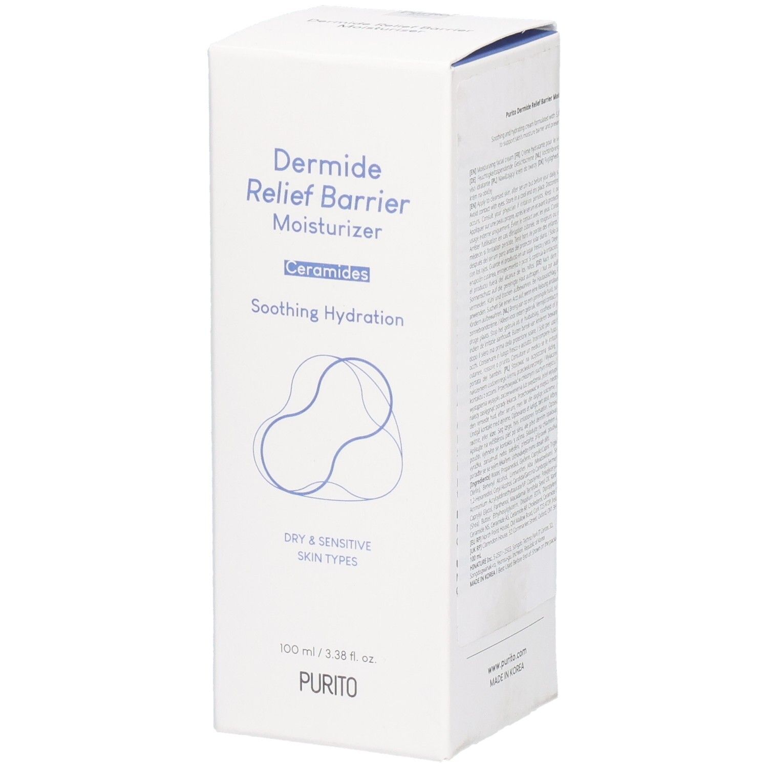 Confezione bianca con testo blu. Contiene « Dermide Relief Barrier Moisturizer » e « PURITO ». 100 ml.