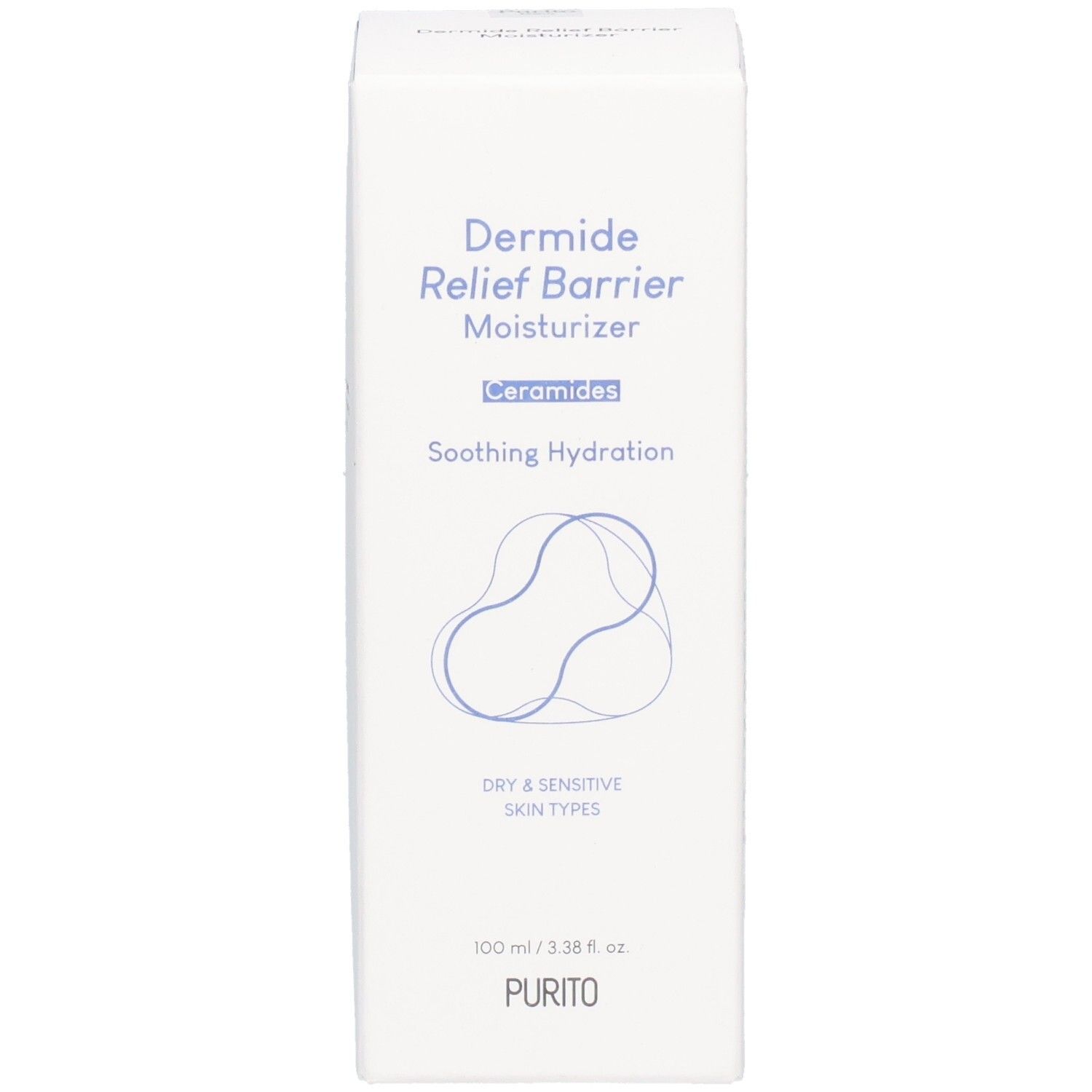 Confezione bianca con testo blu. Contiene « Dermide Relief Barrier Moisturizer » e « PURITO ». 100 ml.