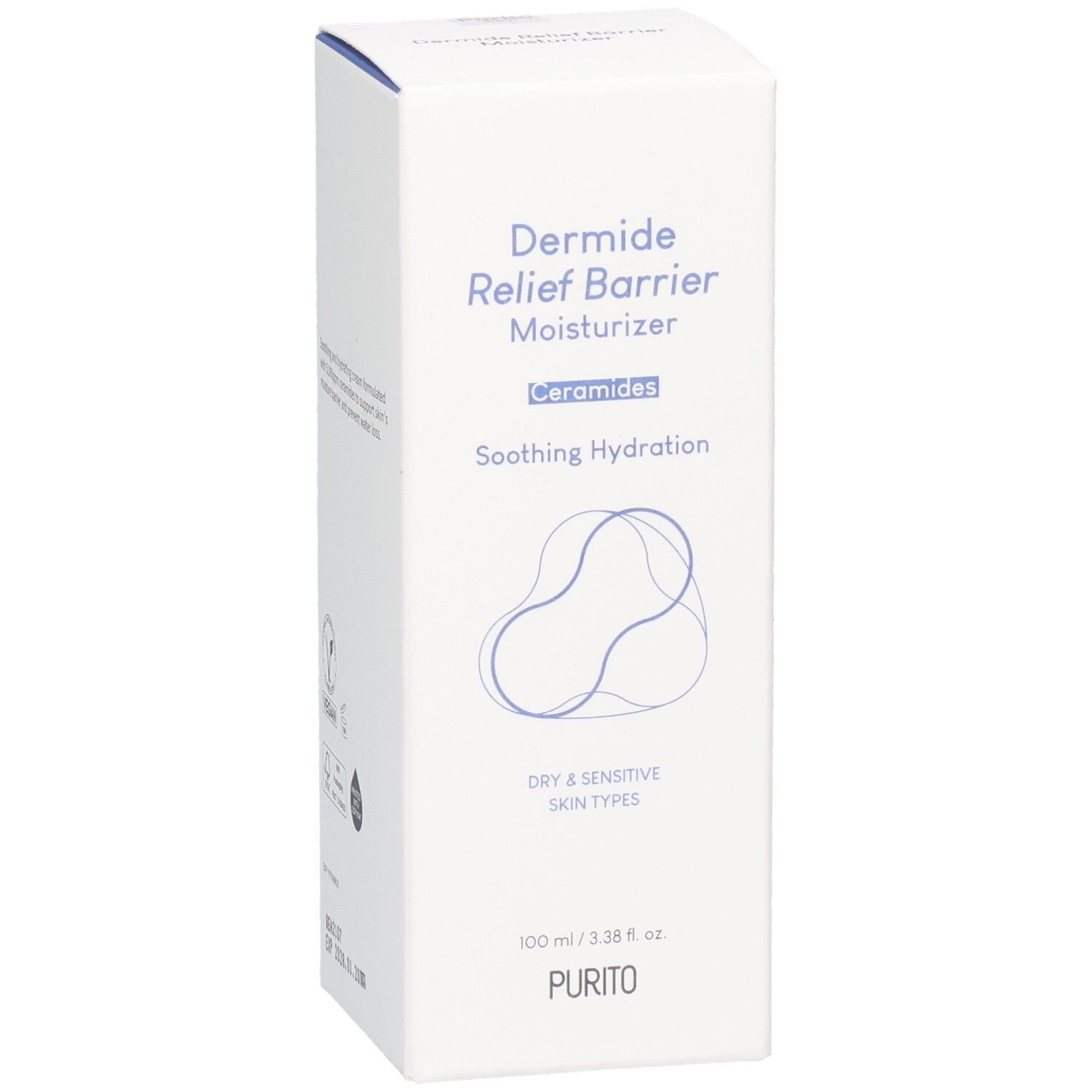 Confezione bianca con testo blu. Contiene « Dermide Relief Barrier Moisturizer » e « PURITO ». 100 ml.