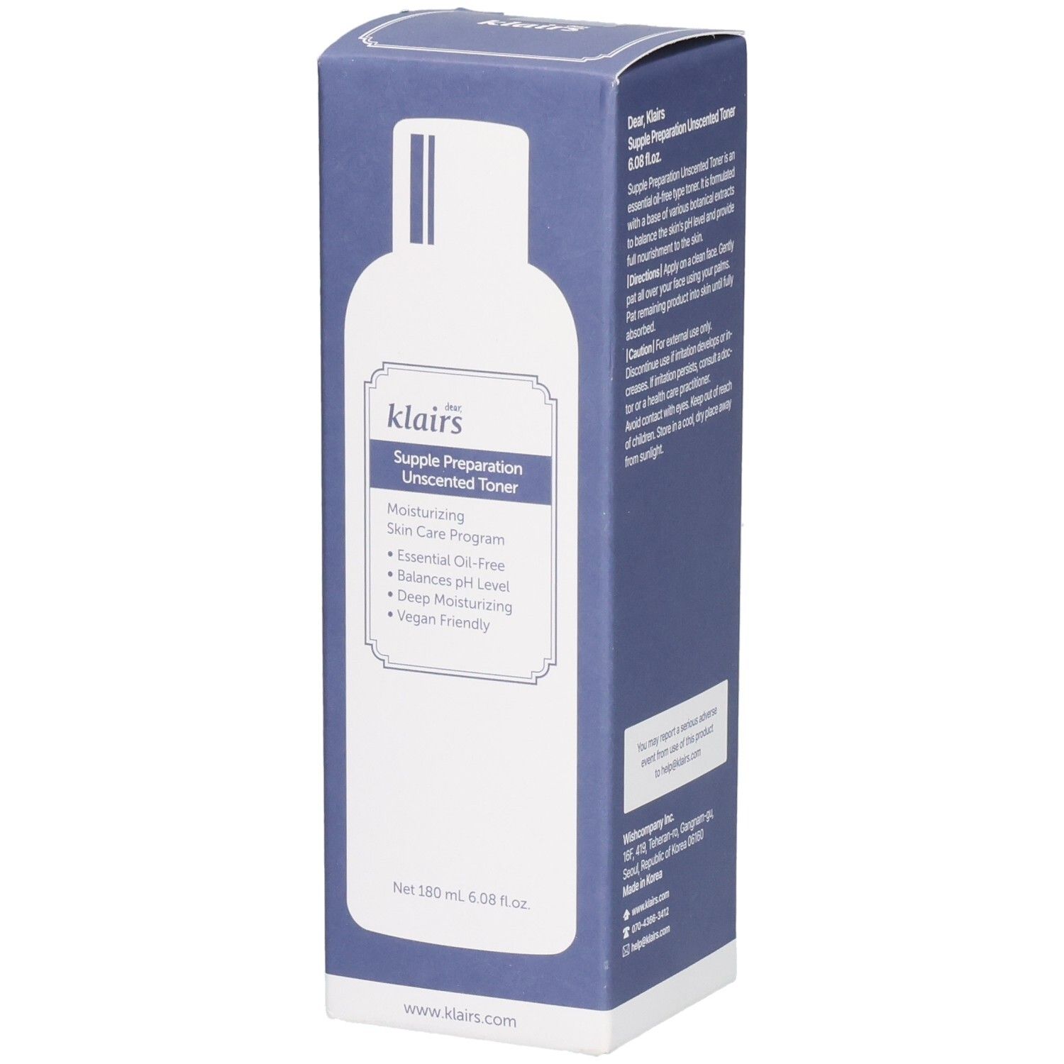 Scatola Klairs Supple Preparation Unscented Toner con flacone di tonico raffigurato.