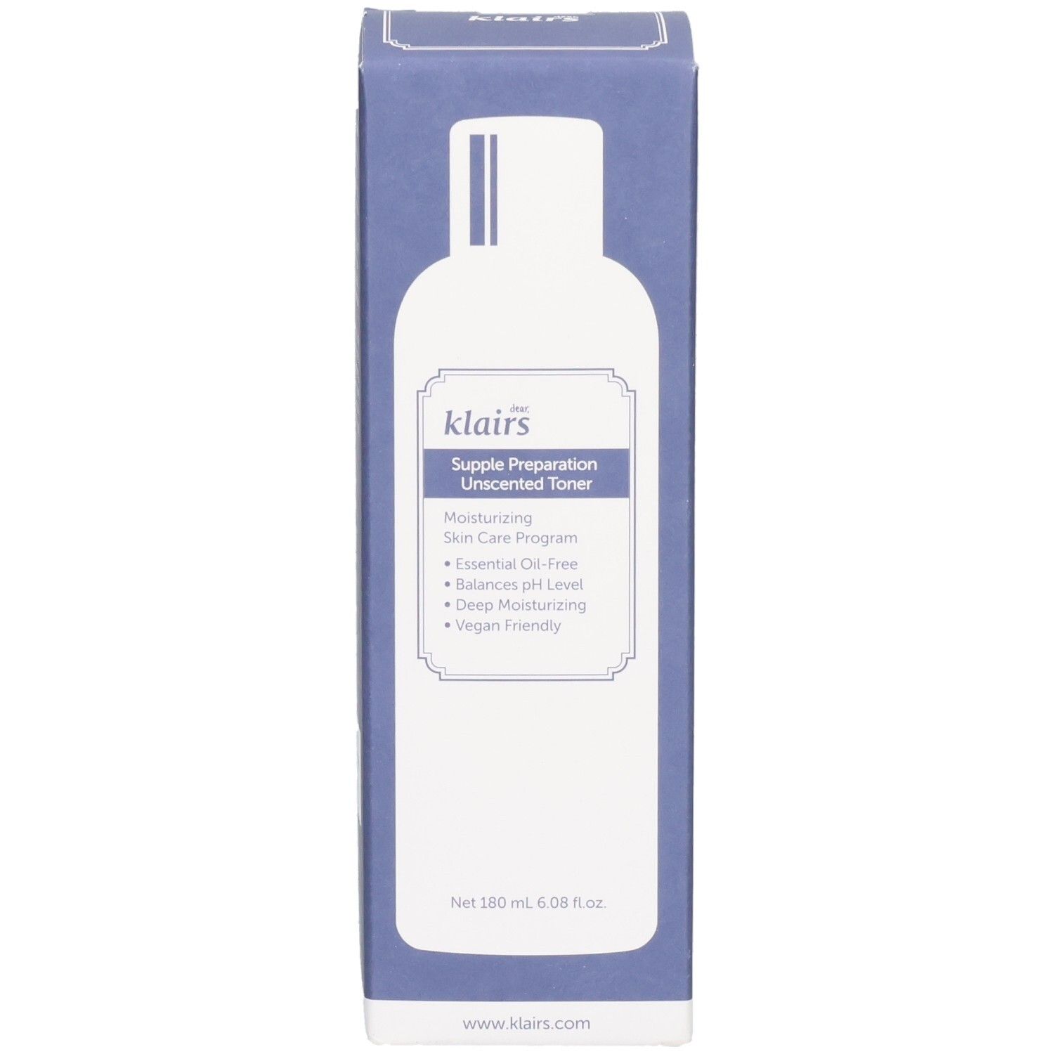 Confezione blu. Scritta: Dear Klairs Supple Preparation Unscented Toner. Immagine bottiglia. Testo.