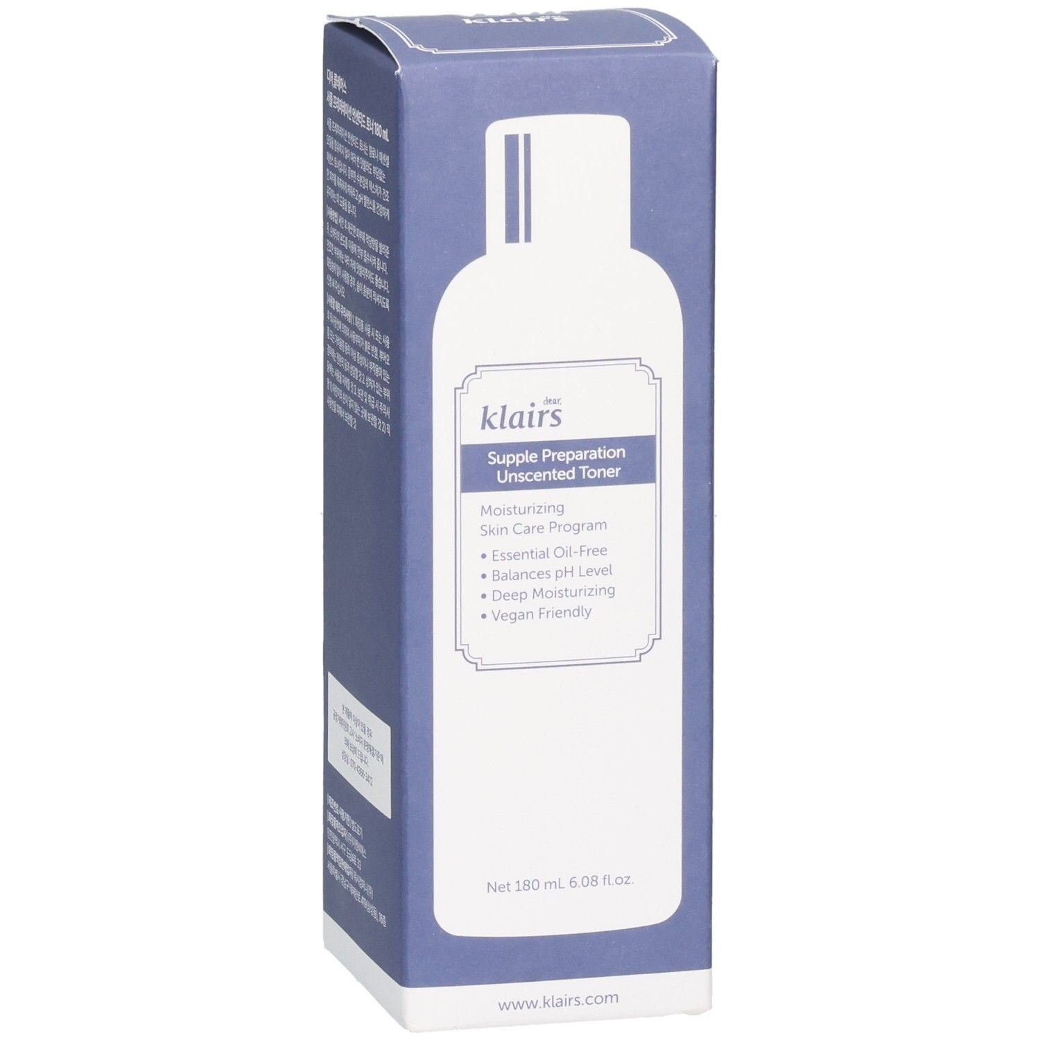 Confezione blu. Scritta: Dear Klairs Supple Preparation Unscented Toner. Immagine bottiglia. Testo.