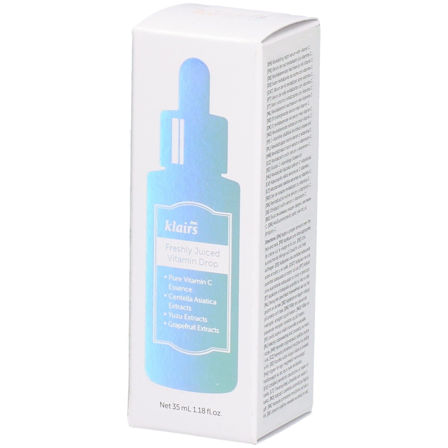 Confezione bianca con immagine del prodotto. Scritta: klairs Freshly Juiced Vitamin Drop. Contiene ingredienti.