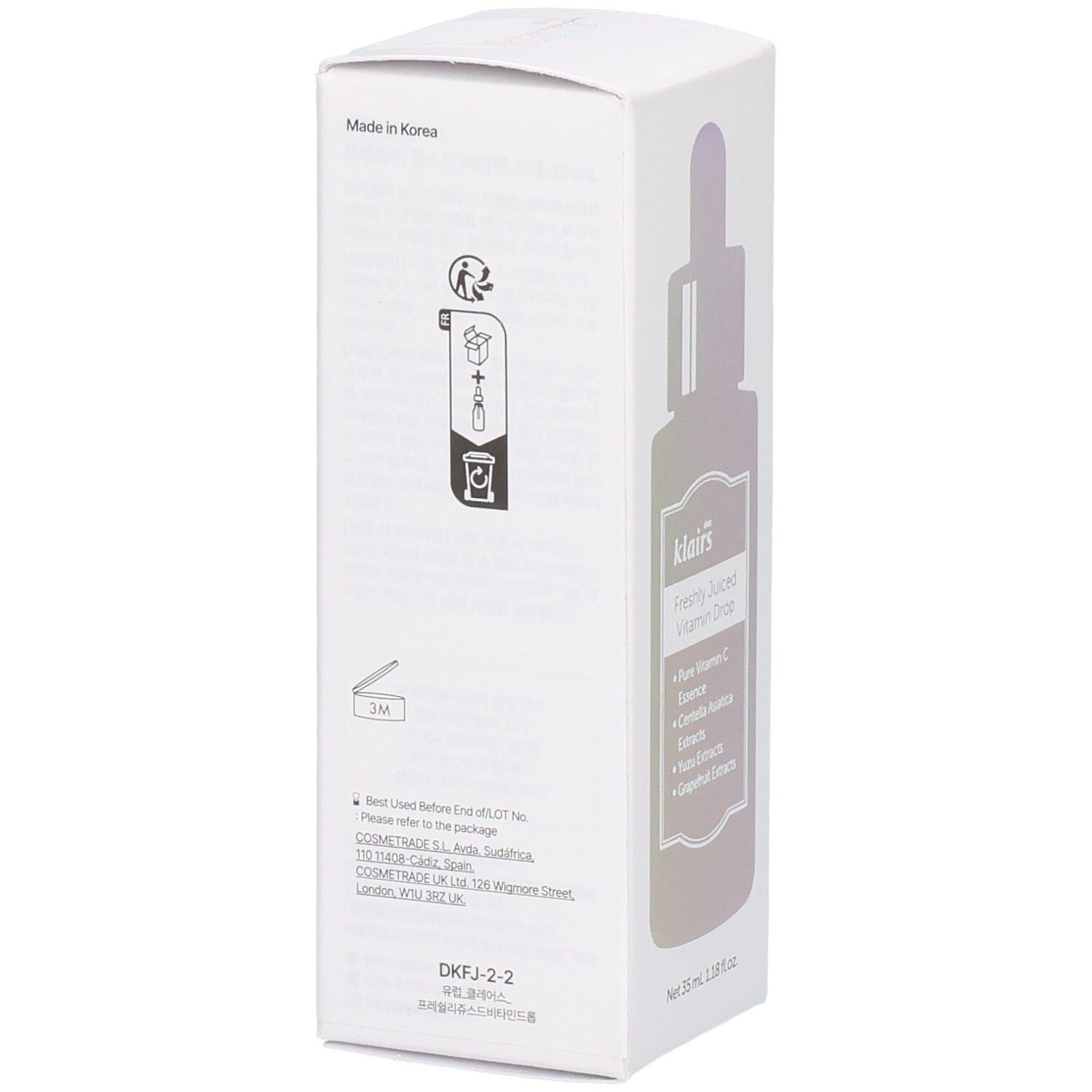 Retro della confezione bianca. Contiene informazioni, simboli e testo. Prodotto in Corea. Durata.