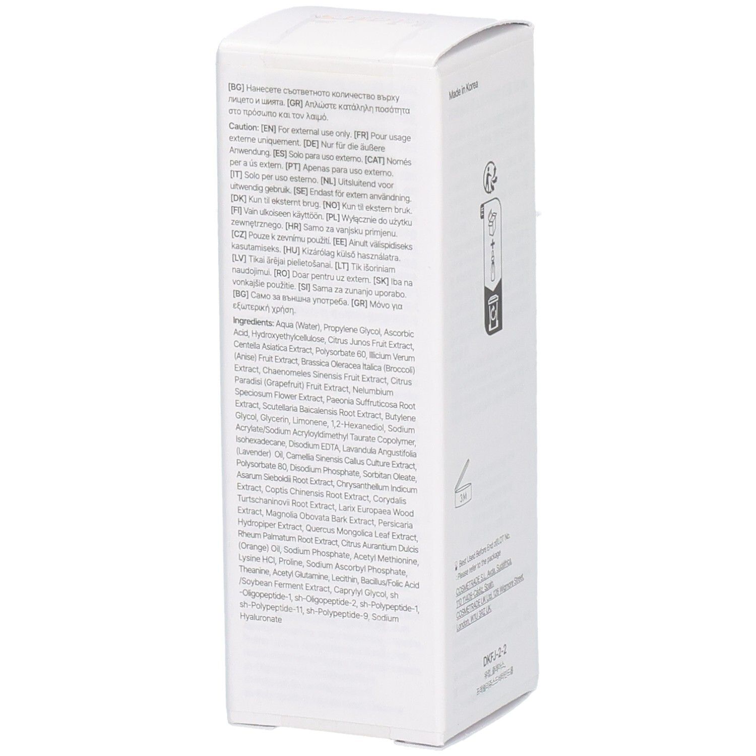 Lato della confezione bianca. Contiene testo in diverse lingue. Contiene ingredienti e istruzioni.