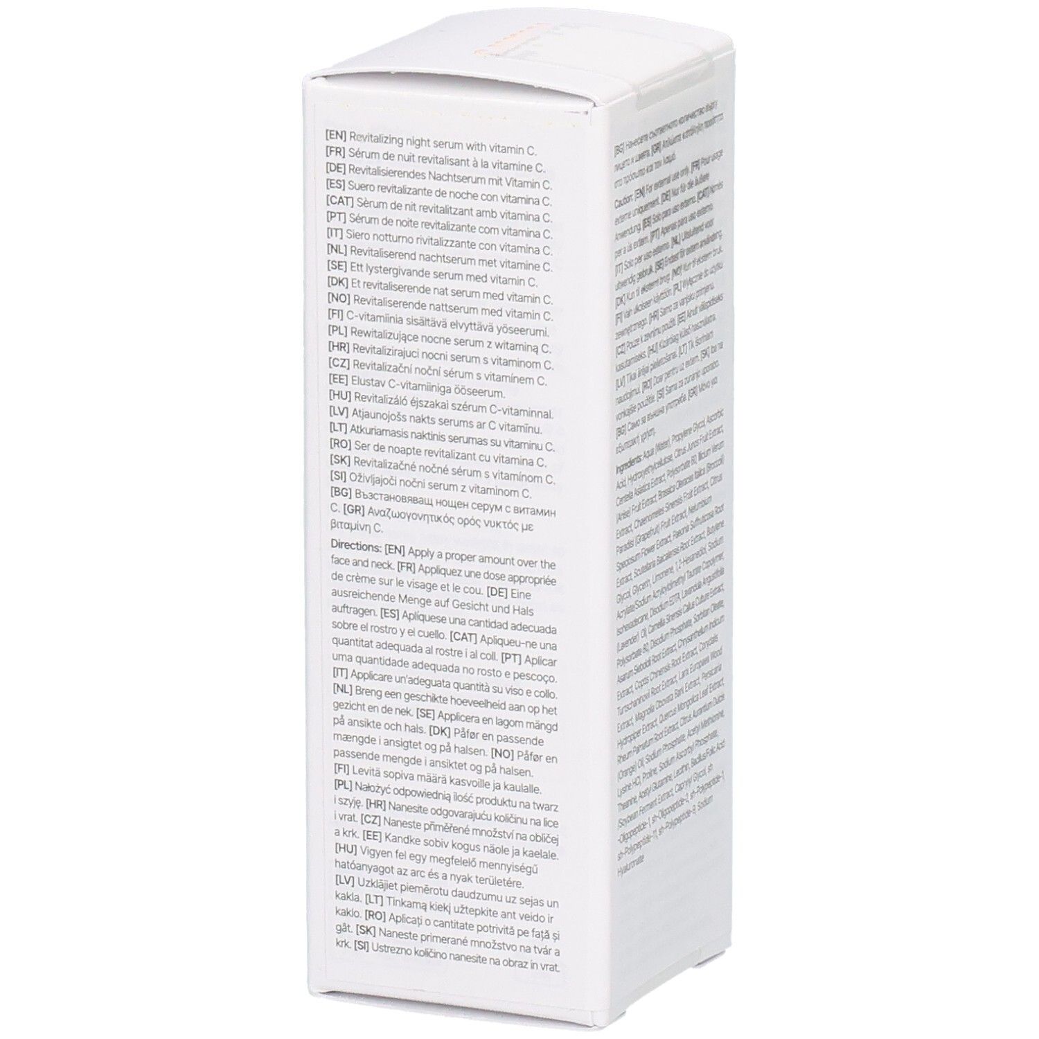 Lato della confezione bianca. Contiene testo in diverse lingue. Contiene istruzioni per l'uso.