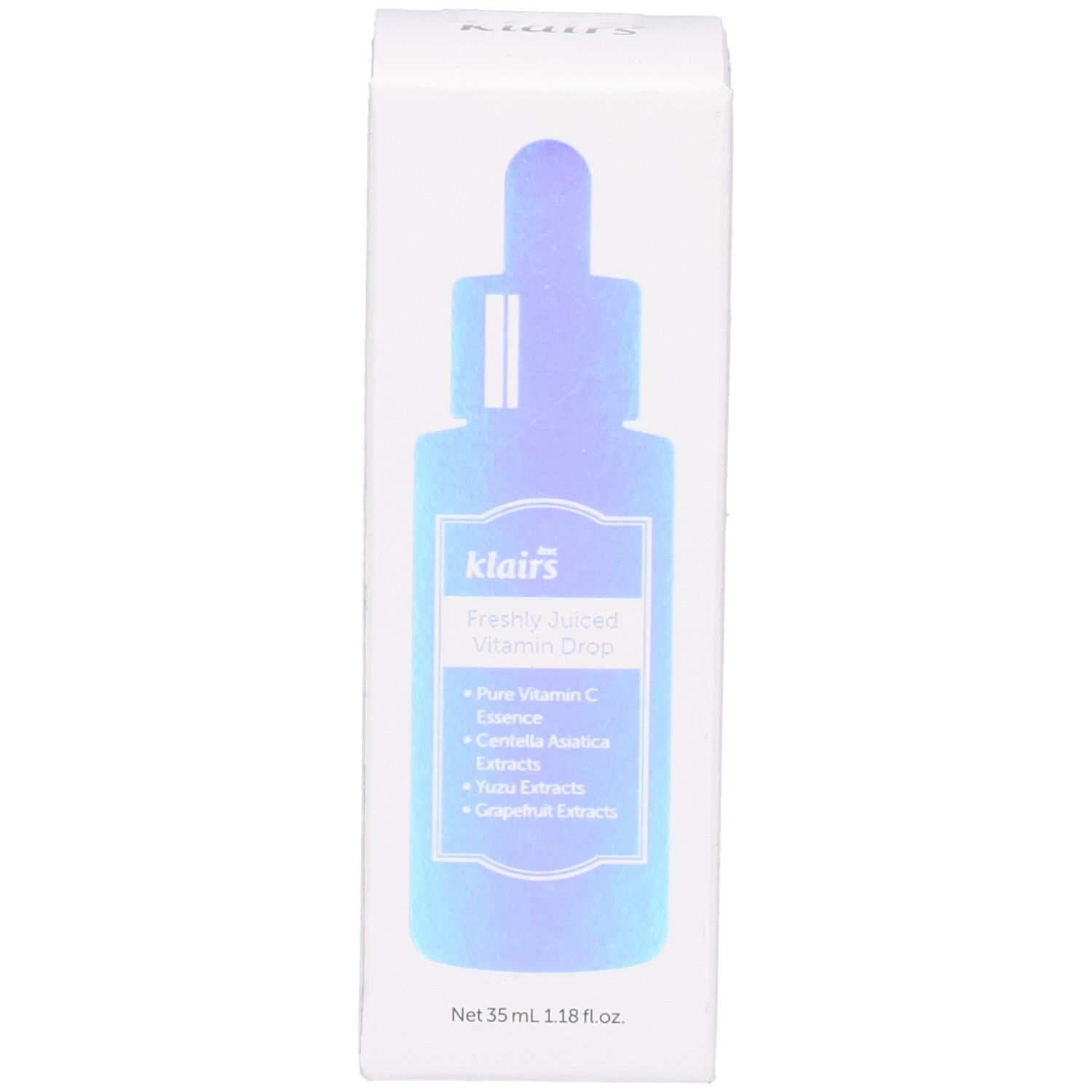 Confezione bianca con immagine del prodotto. Scritta: klairs Freshly Juiced Vitamin Drop. Contiene ingredienti.